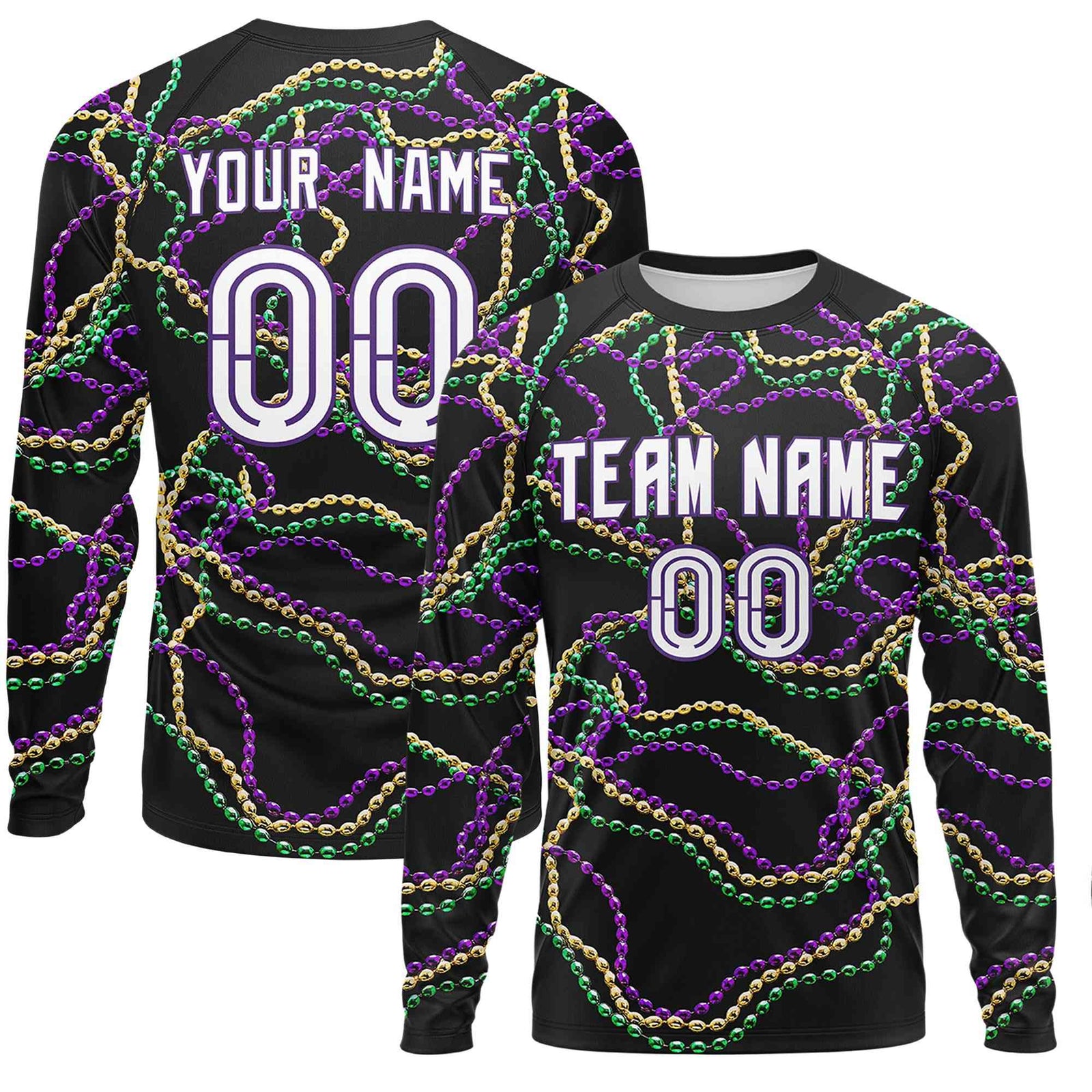 Custom Black Purple Crew Neck Personalized Mardi Gras Long Sleeve Performance T-shirt | KXKSHOP