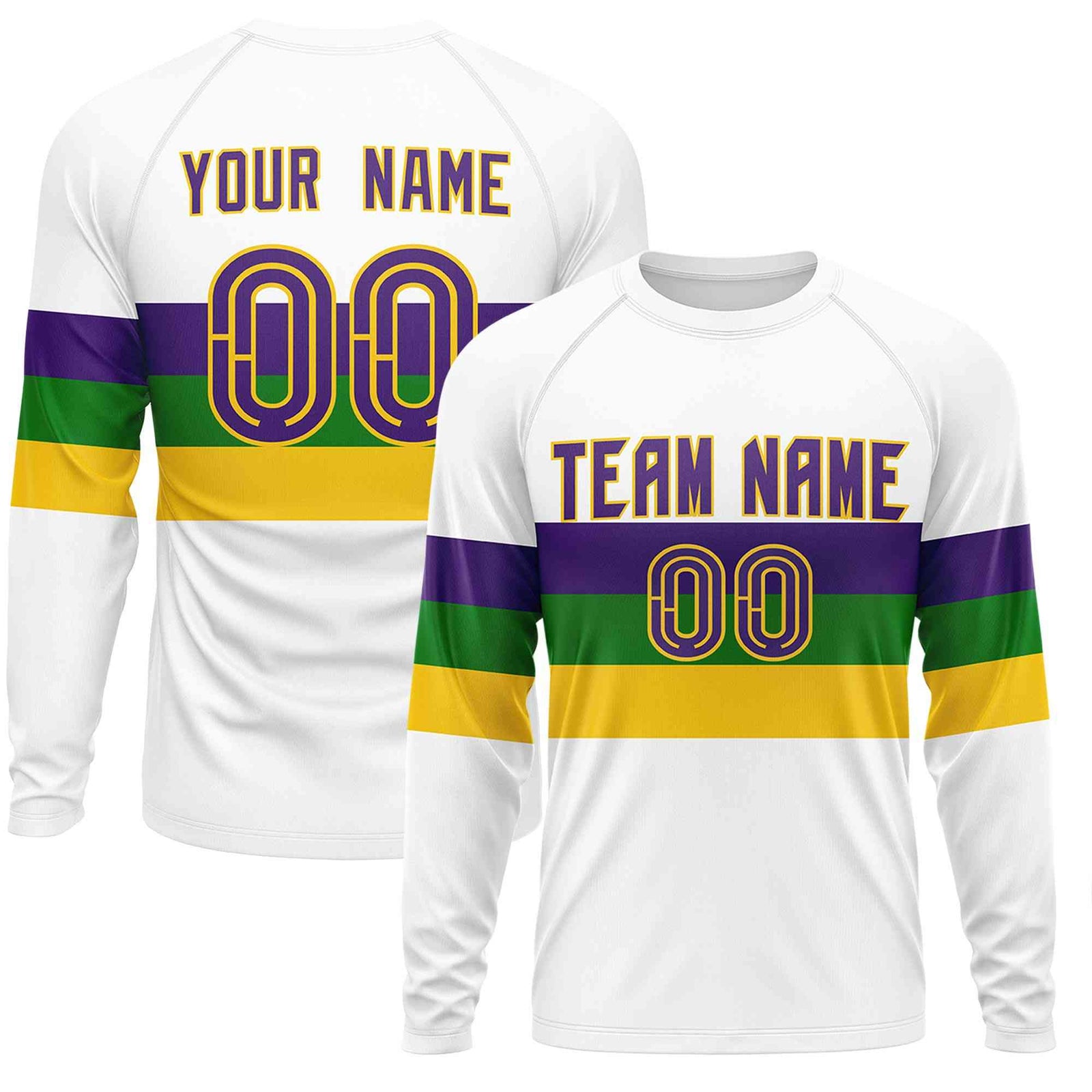 Custom White Purple Crew Neck Personalized Mardi Gras Long Sleeve Performance T-shirt | KXKSHOP