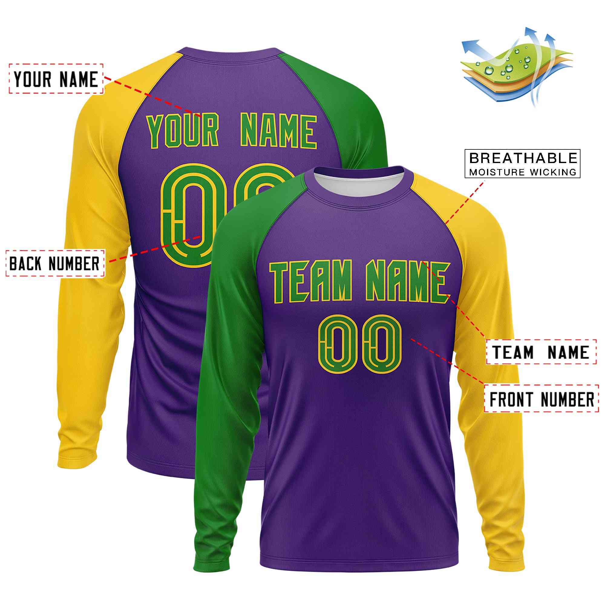 Custom Purple Kelly Green Crew Neck Personalized Mardi Gras Long Sleeve Performance T-shirt | KXKSHOP