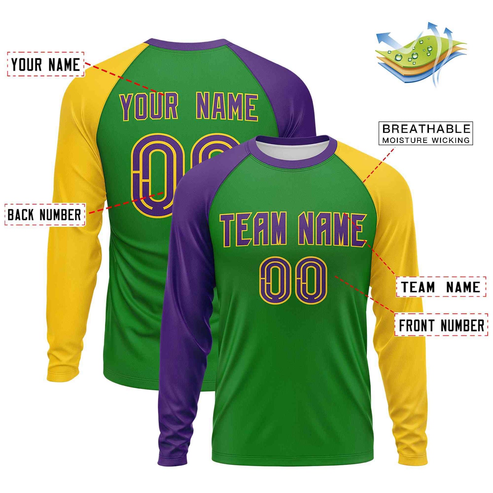 Custom Kelly Green Purple Crew Neck Personalized Mardi Gras Long Sleeve Performance T-shirt | KXKSHOP