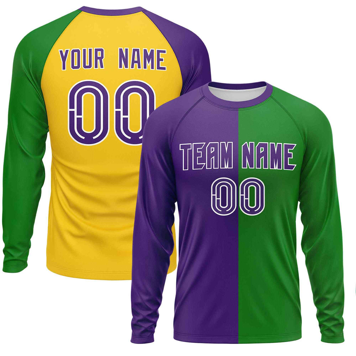 Custom Purple Kelly Green Crew Neck Personalized Mardi Gras Long Sleeve Performance T-shirt | KXKSHOP