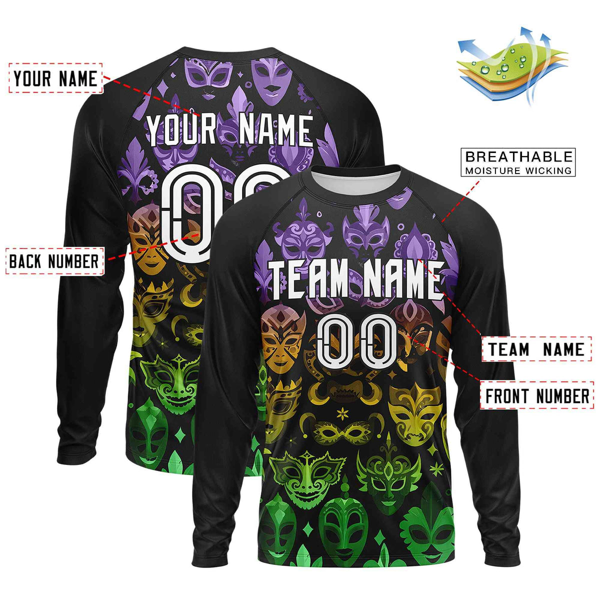Custom Black White Crew Neck Personalized Mardi Gras Long Sleeve Performance T-shirt | KXKSHOP