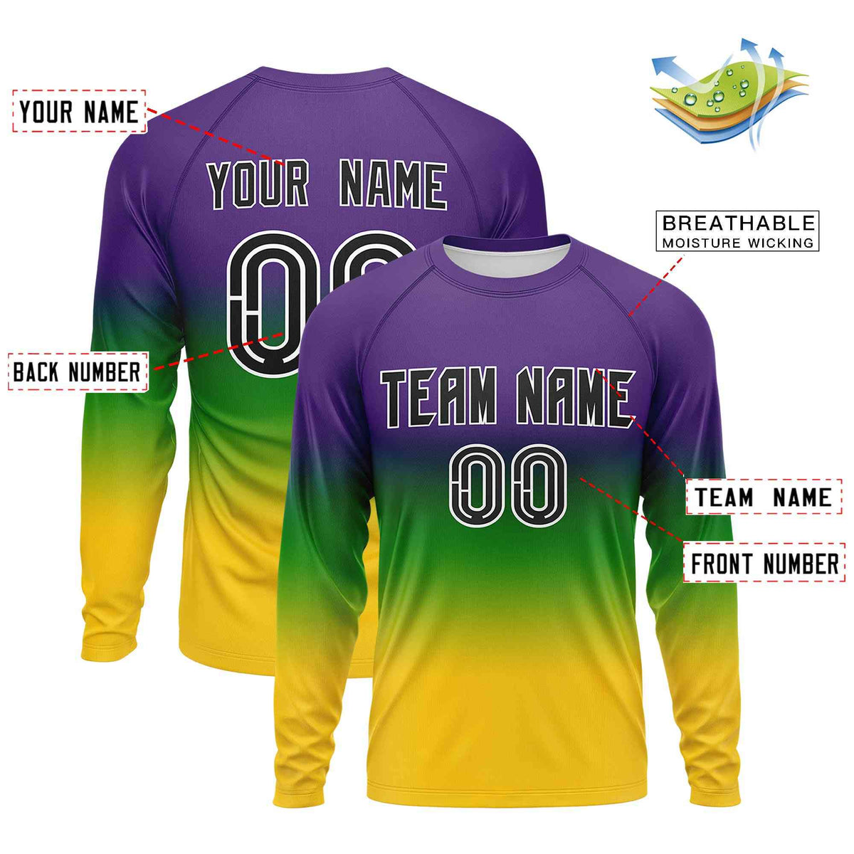Custom Purple Kelly Green Crew Neck Personalized Mardi Gras Long Sleeve Performance T-shirt | KXKSHOP