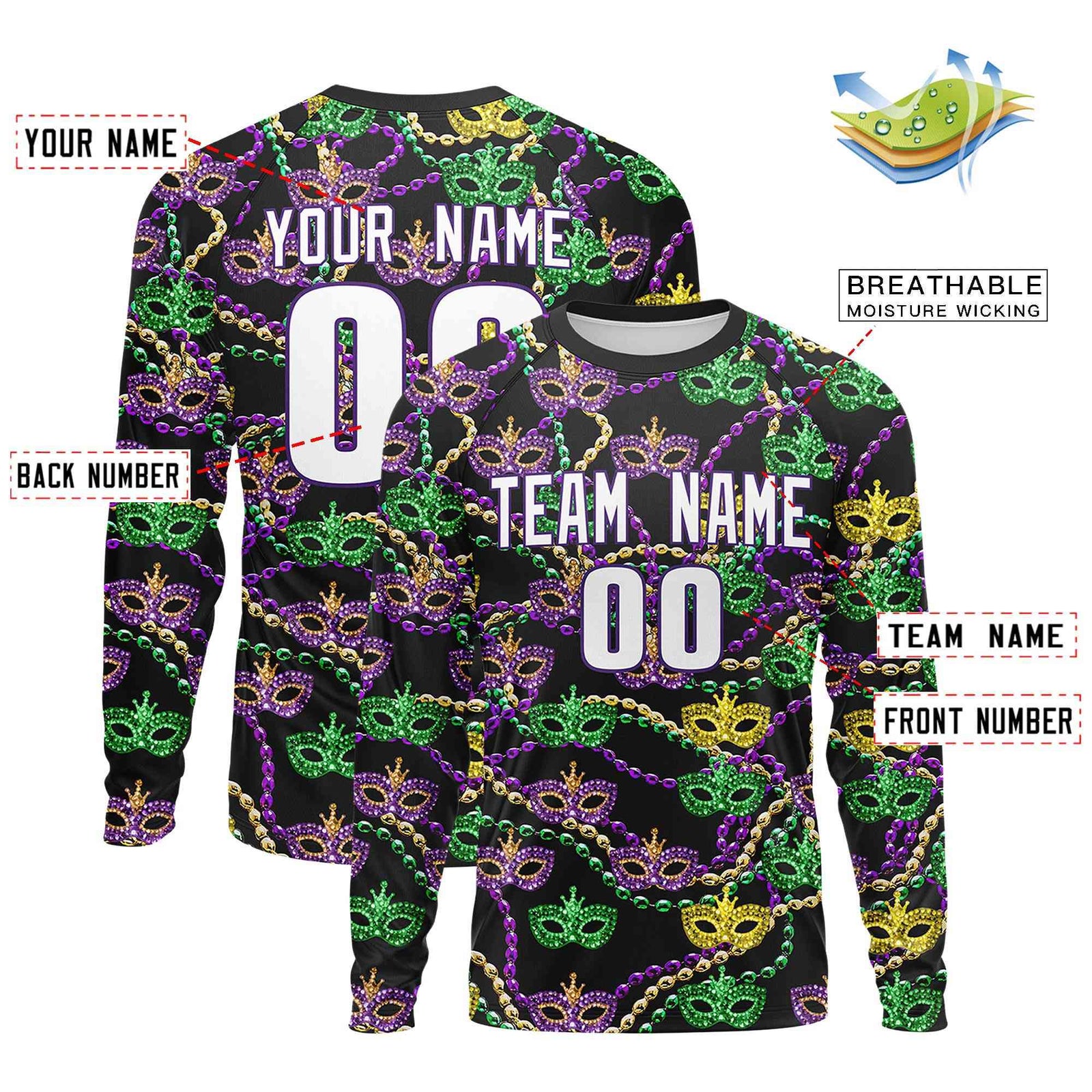 Custom Black White Crew Neck Personalized Mardi Gras Long Sleeve Performance T-shirt | KXKSHOP