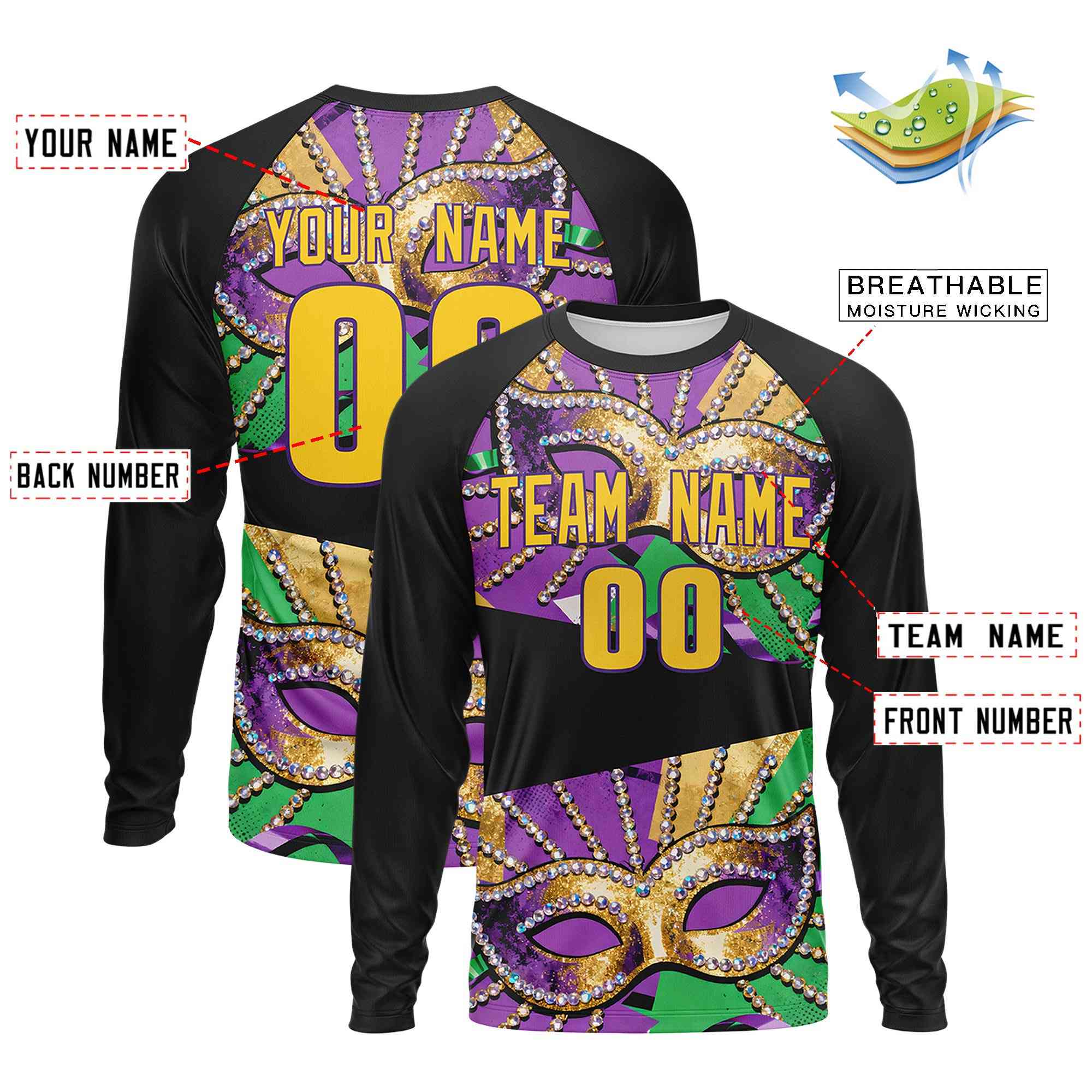Custom Black Gold Crew Neck Personalized Mardi Gras Long Sleeve Performance T-shirt | KXKSHOP