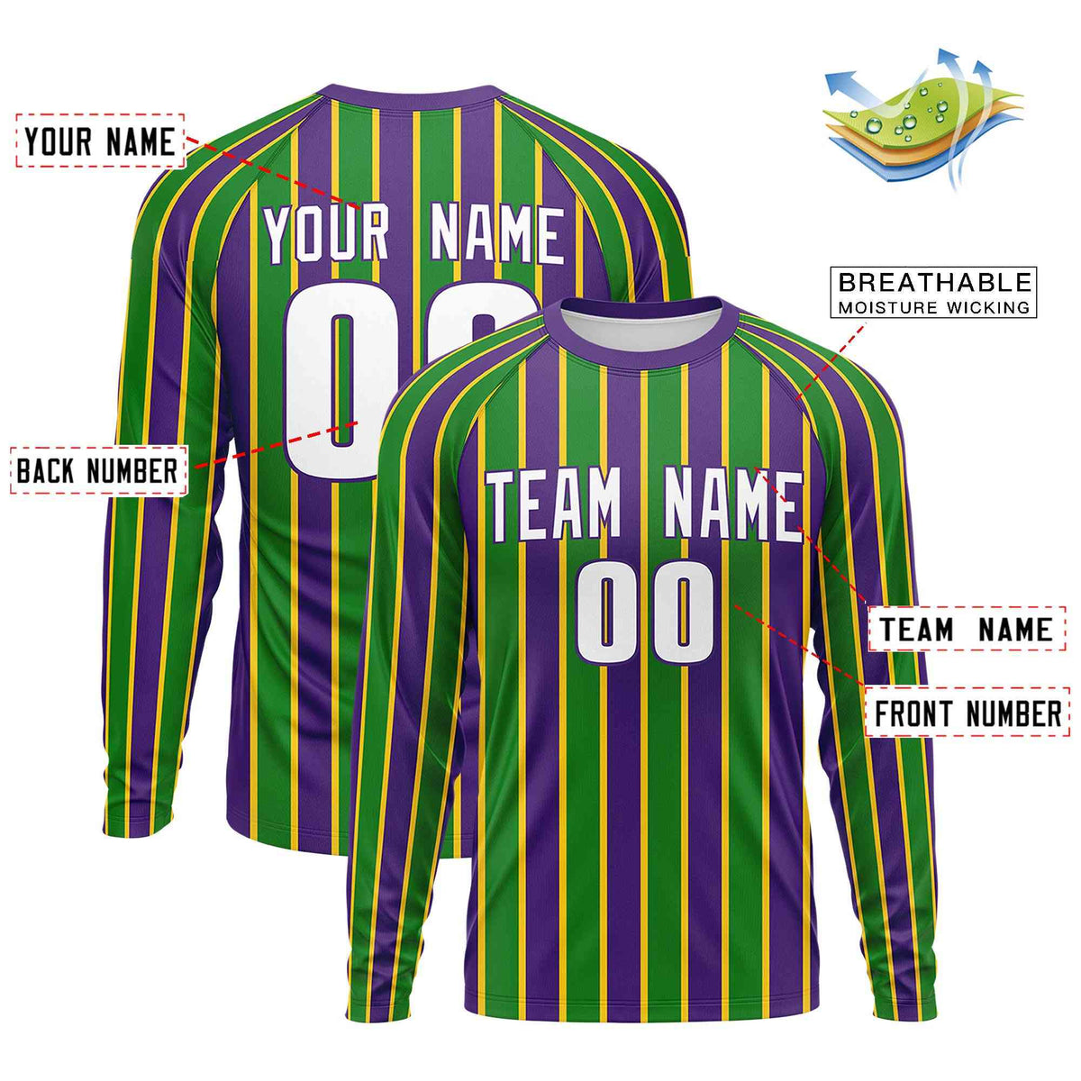 Custom Purple Kelly Green Crew Neck Personalized Mardi Gras Long Sleeve Performance T-shirt | KXKSHOP
