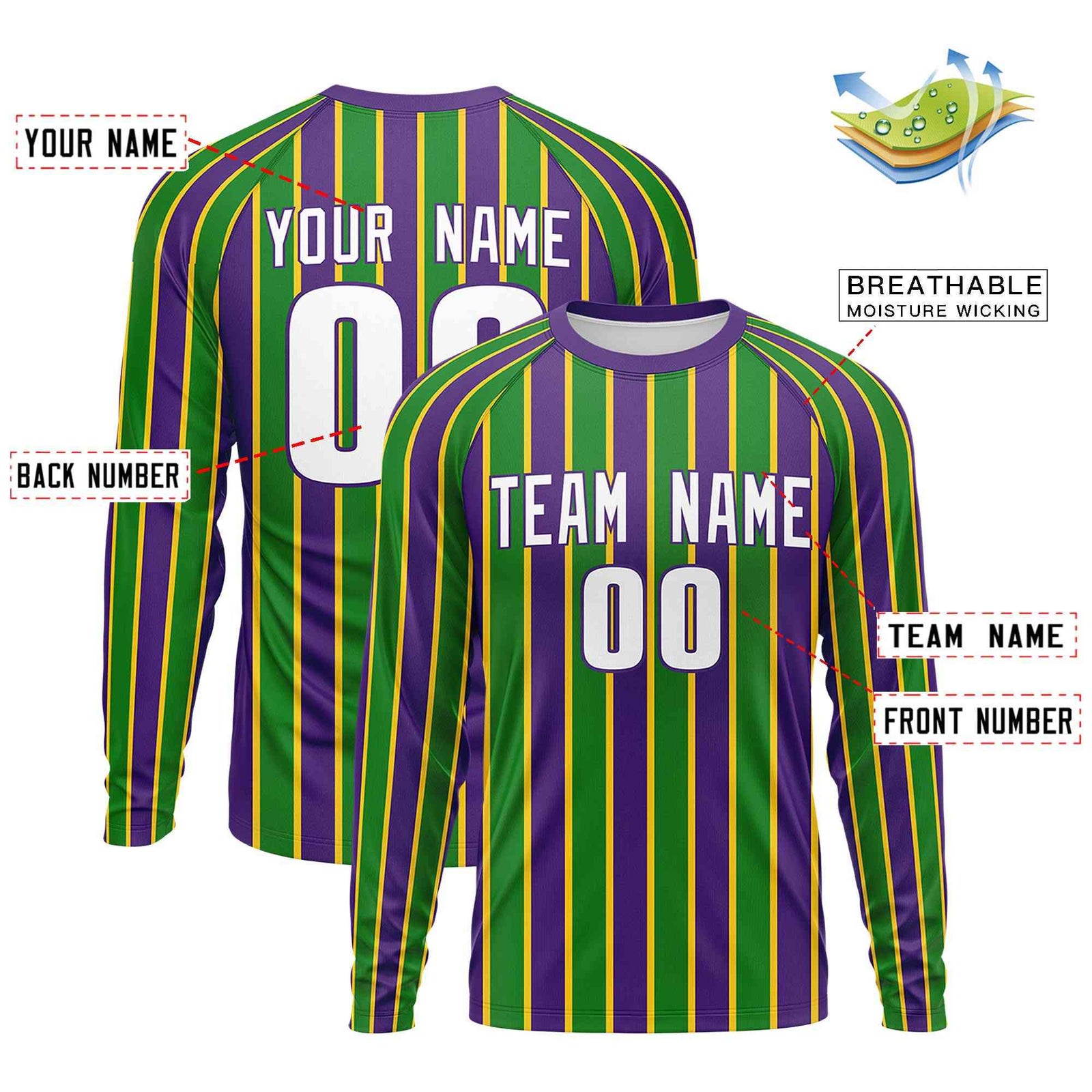 Custom Purple Kelly Green Crew Neck Personalized Mardi Gras Long Sleeve Performance T-shirt | KXKSHOP