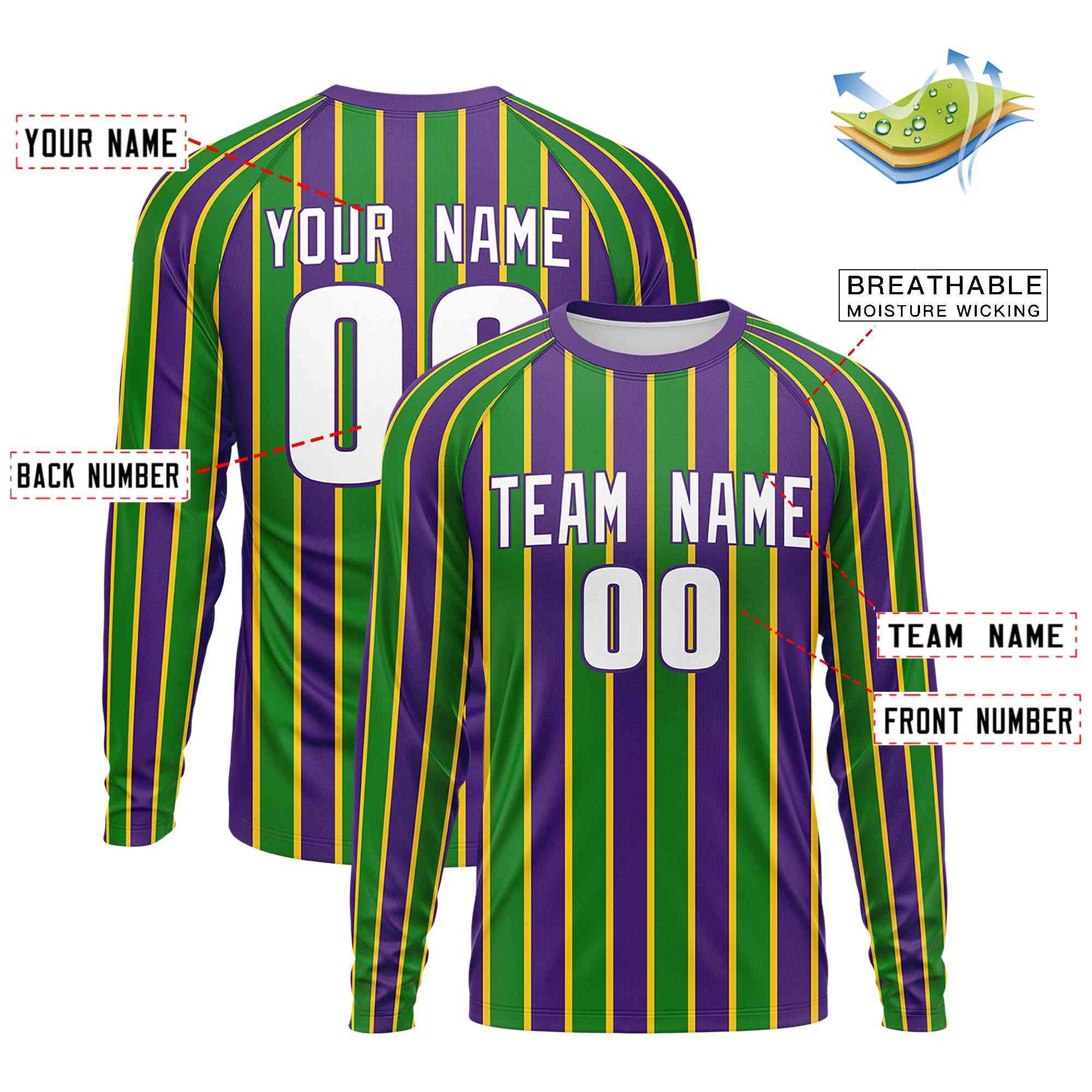 Custom Purple Kelly Green Crew Neck Personalized Mardi Gras Long Sleeve Performance T-shirt | KXKSHOP