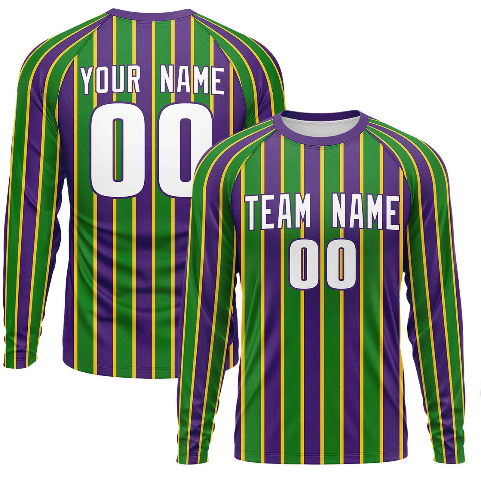 Custom Purple Kelly Green Crew Neck Personalized Mardi Gras Long Sleeve Performance T-shirt | KXKSHOP