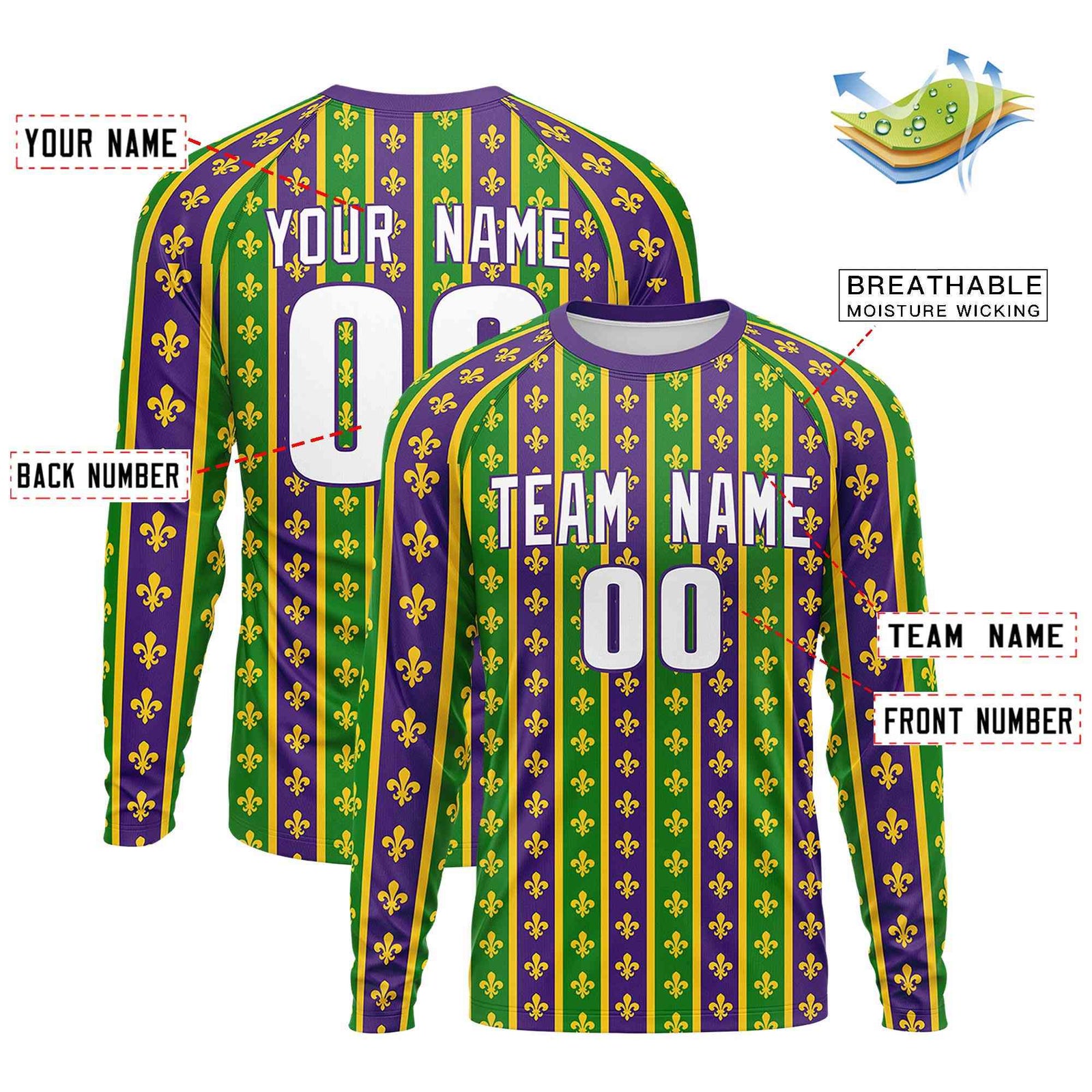 Custom Purple Kelly Green Crew Neck Personalized Mardi Gras Long Sleeve Performance T-shirt | KXKSHOP