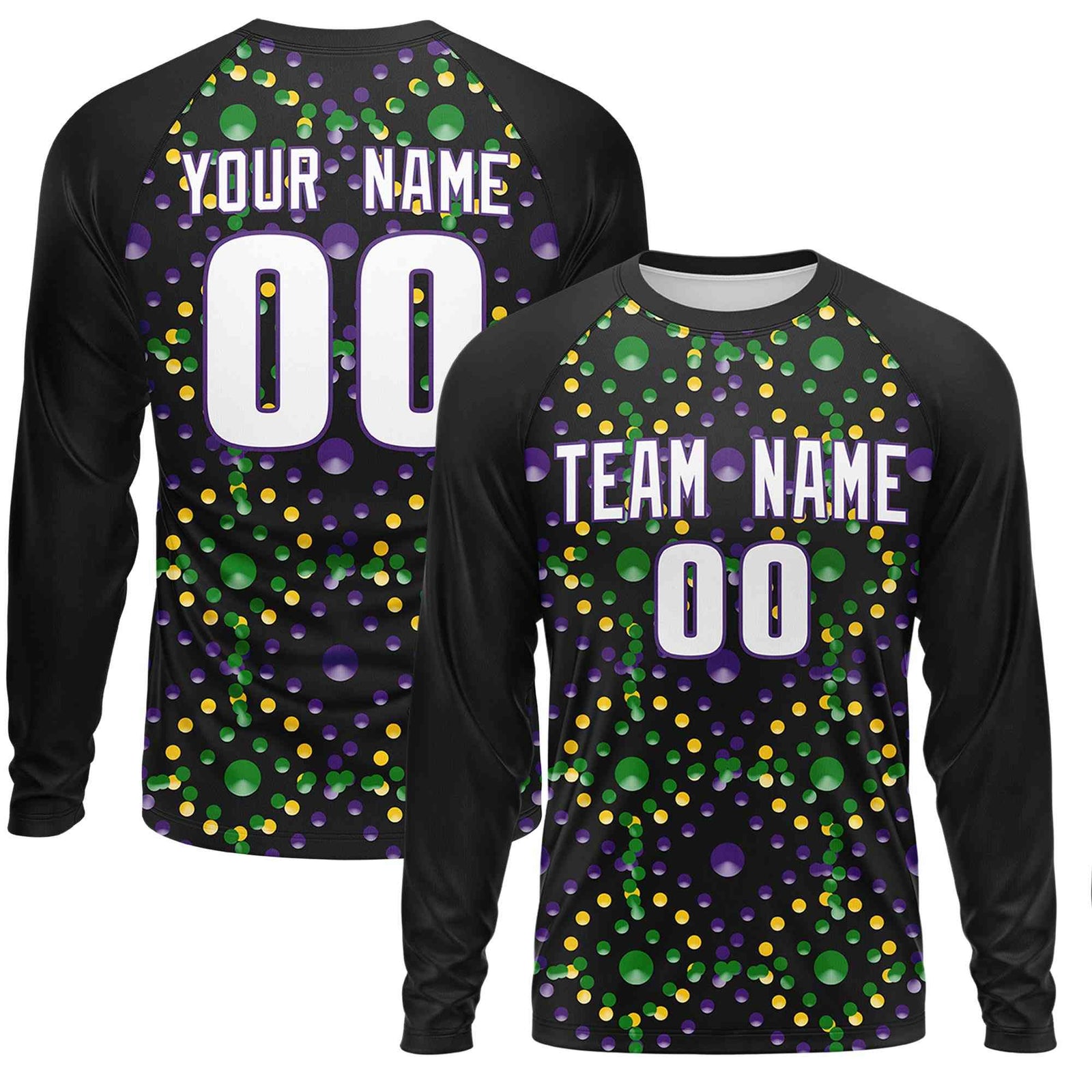 Custom Black Purple Crew Neck Personalized Mardi Gras Long Sleeve Performance T-shirt | KXKSHOP