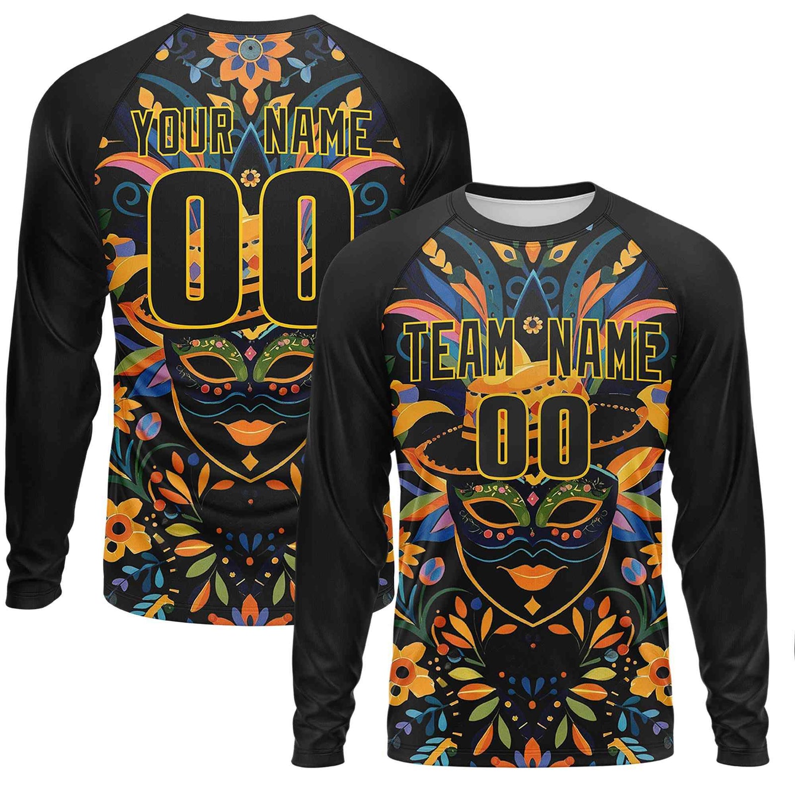 Custom Black Gold Crew Neck Personalized Mardi Gras Long Sleeve Performance T-shirt | KXKSHOP