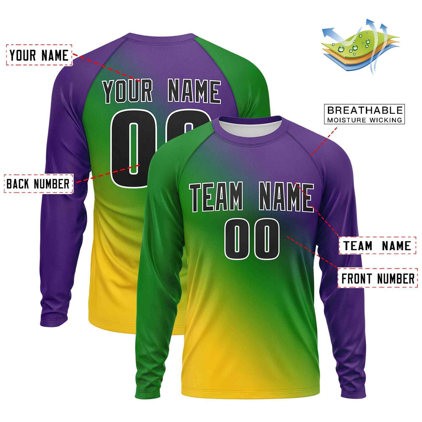 Custom Purple Kelly Green Crew Neck Personalized Mardi Gras Long Sleeve Performance T-shirt | KXKSHOP