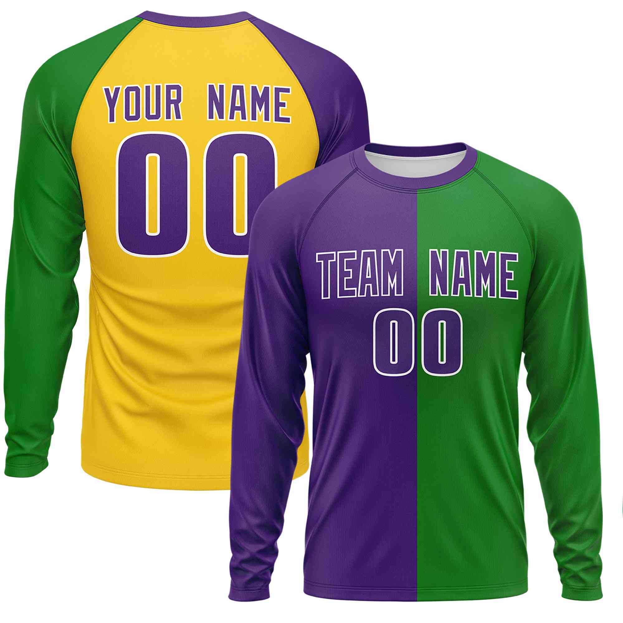 Custom Purple Kelly Green Crew Neck Personalized Mardi Gras Long Sleeve Performance T-shirt | KXKSHOP