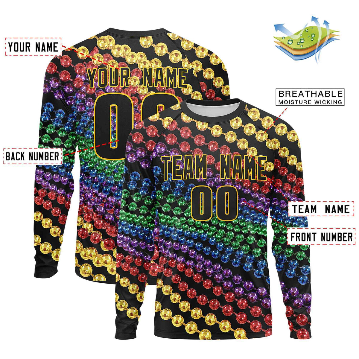 Custom Black Gold Crew Neck Personalized Mardi Gras Long Sleeve Performance T-shirt | KXKSHOP