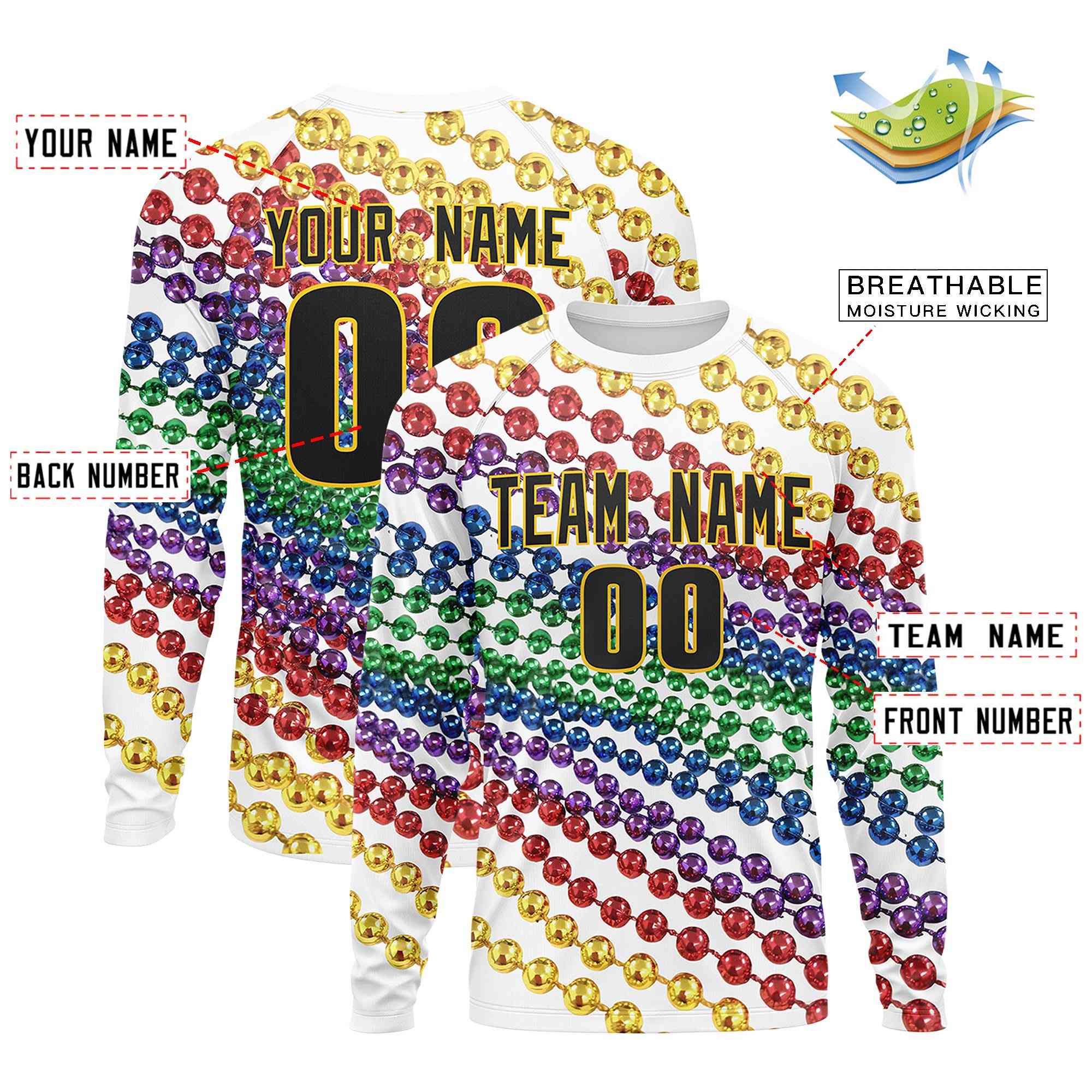 Custom White Black Crew Neck Personalized Mardi Gras Long Sleeve Performance T-shirt | KXKSHOP