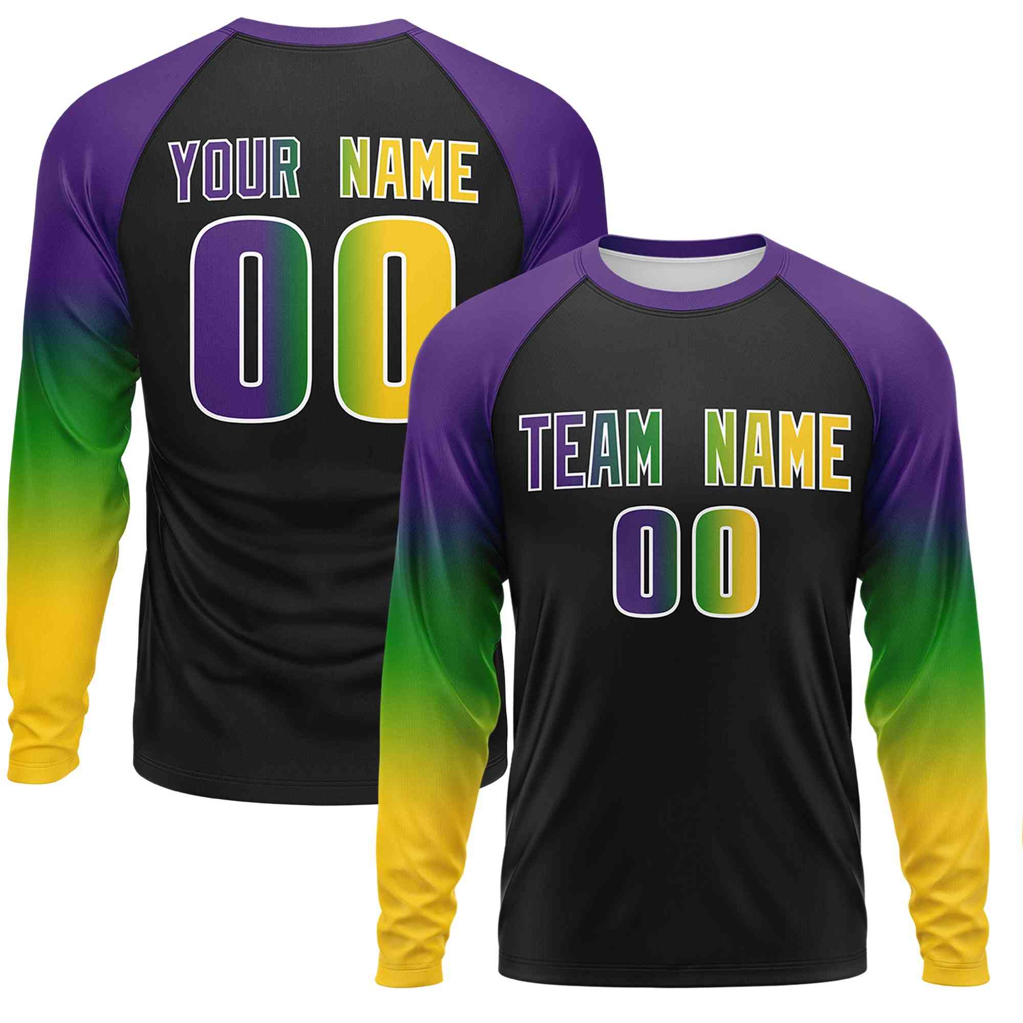 Custom Black Purple Crew Neck Personalized Mardi Gras Long Sleeve Performance T-shirt | KXKSHOP