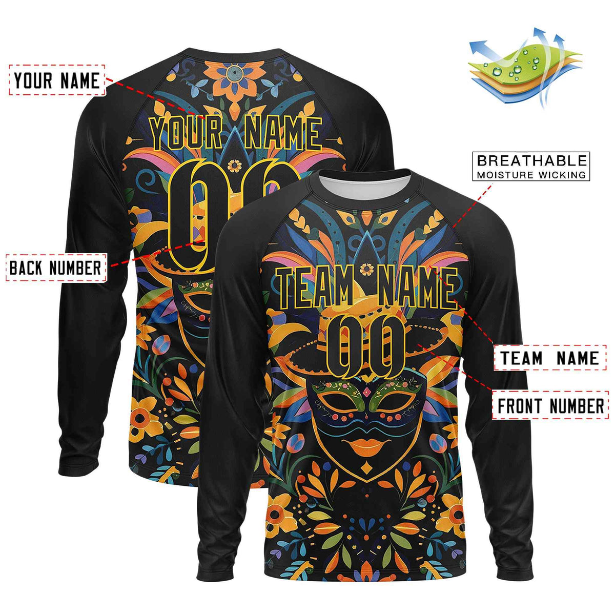 Custom Black Gold Crew Neck Personalized Mardi Gras Long Sleeve Performance T-shirt | KXKSHOP