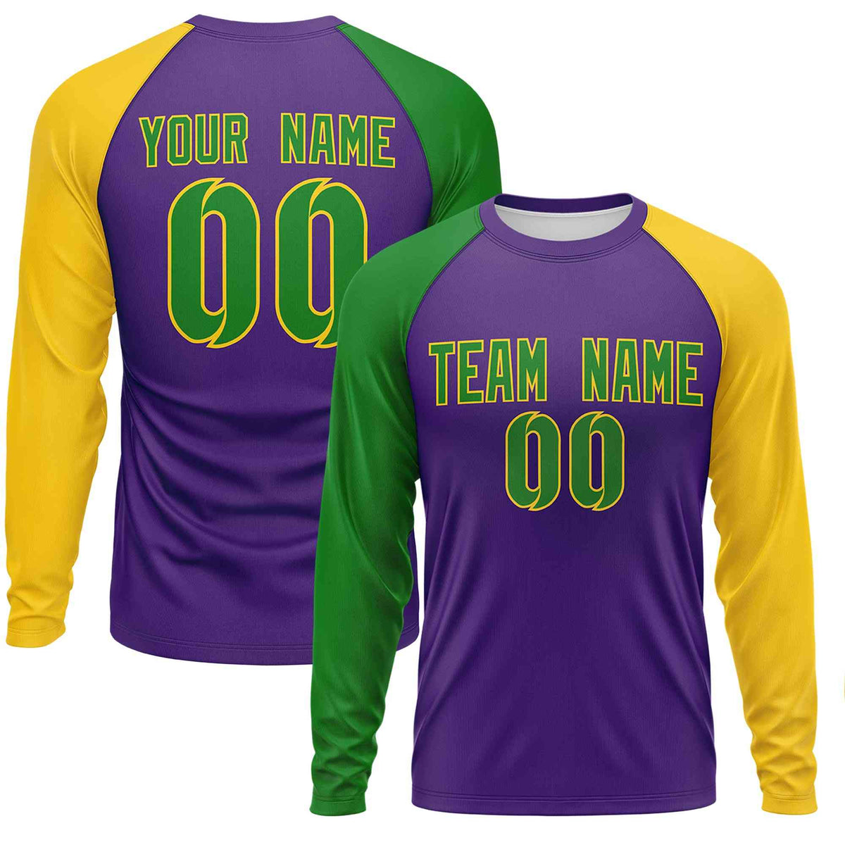Custom Purple Kelly Green Crew Neck Personalized Mardi Gras Long Sleeve Performance T-shirt | KXKSHOP