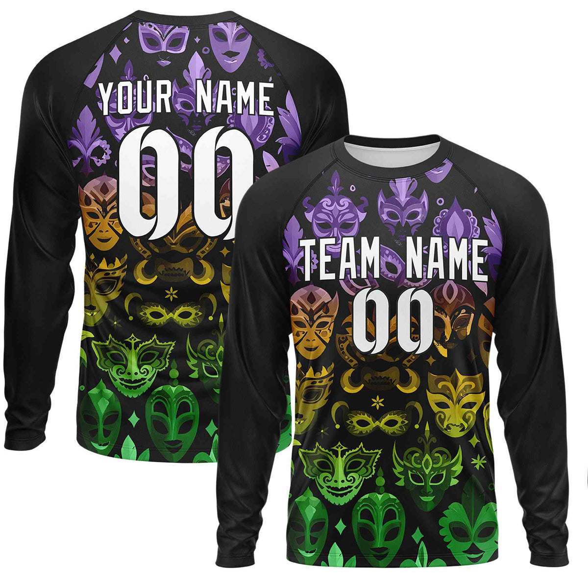 Custom Black White Crew Neck Personalized Mardi Gras Long Sleeve Performance T-shirt | KXKSHOP