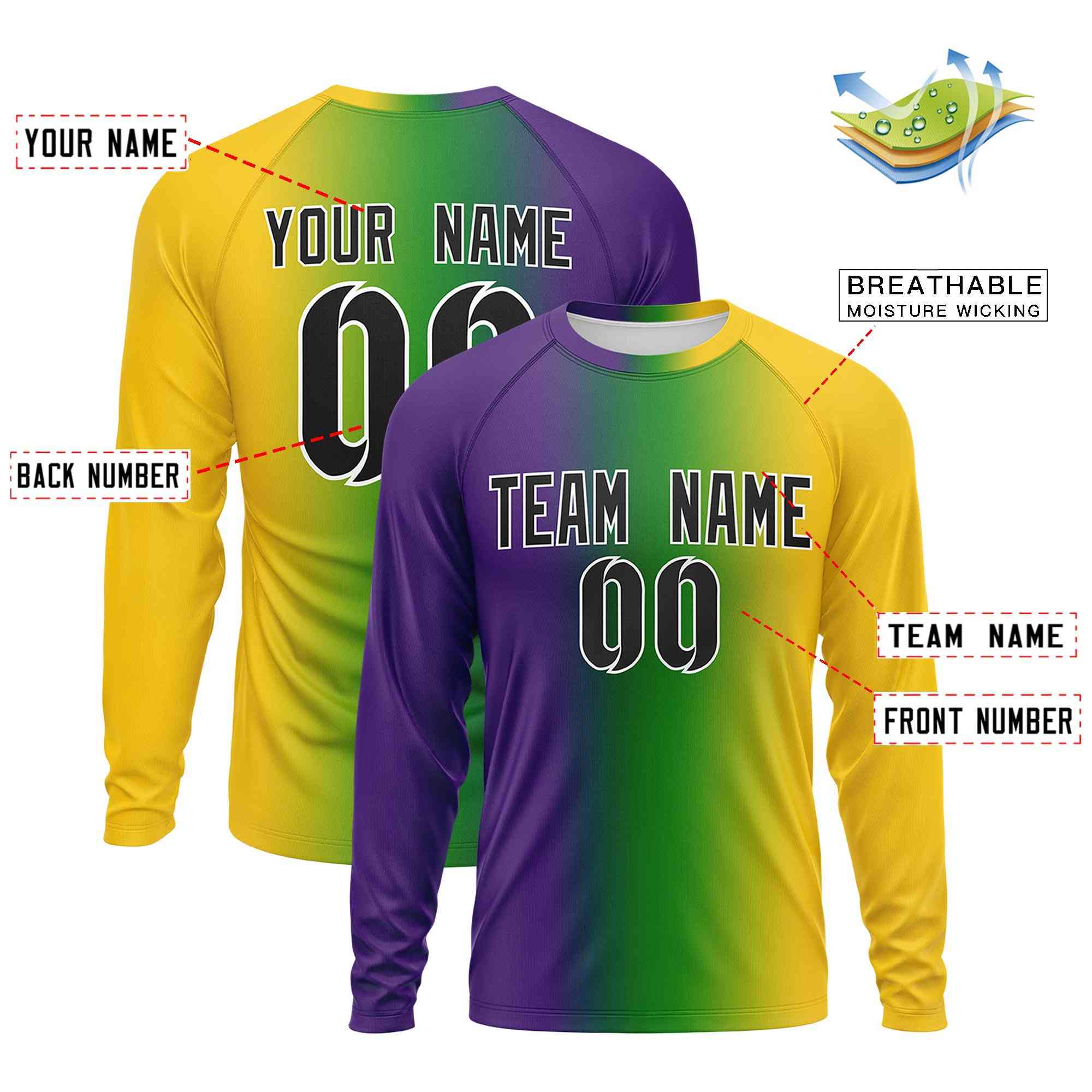 Custom Purple Gold Crew Neck Personalized Mardi Gras Long Sleeve Performance T-shirt | KXKSHOP