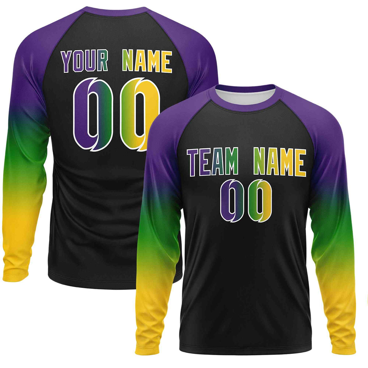 Custom Black Purple Crew Neck Personalized Mardi Gras Long Sleeve Performance T-shirt | KXKSHOP