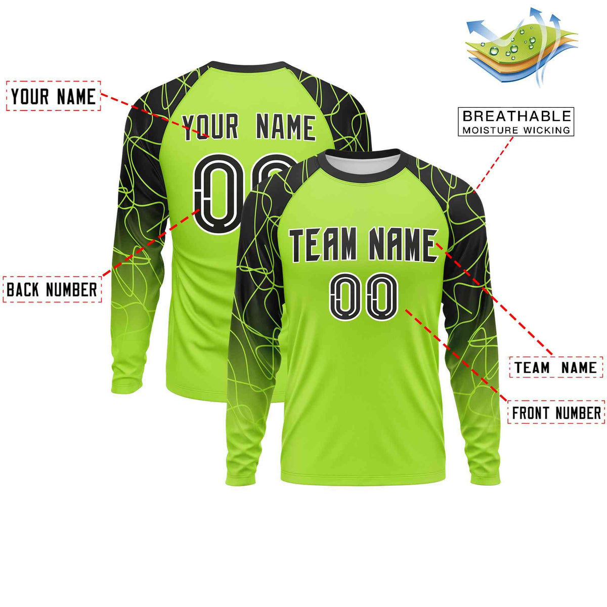 Custom Neon Green Black Tangled Lines Pattern Raglan Long Sleeve Performance T-Shirt