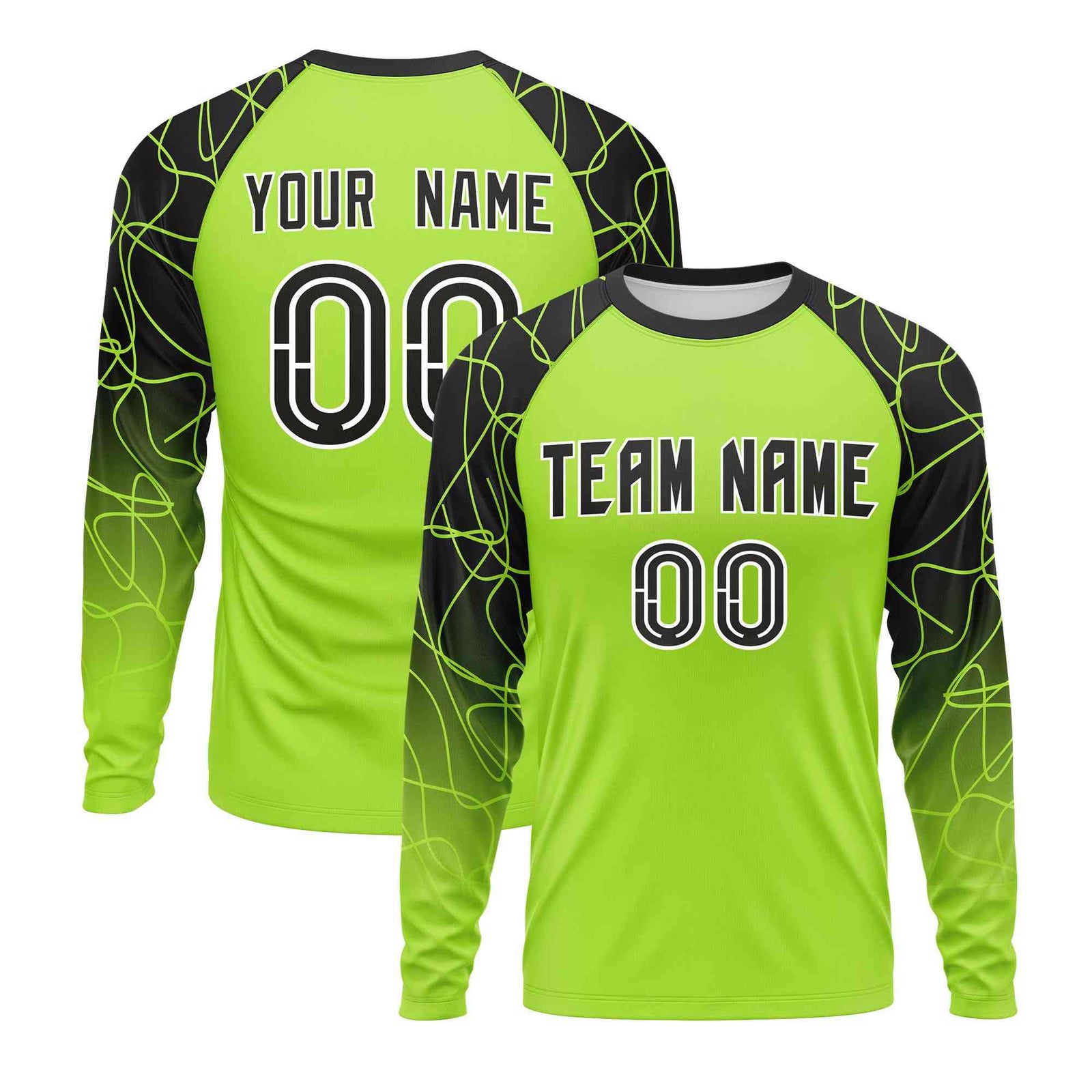 Custom Neon Green Black Tangled Lines Pattern Raglan Long Sleeve Performance T-Shirt