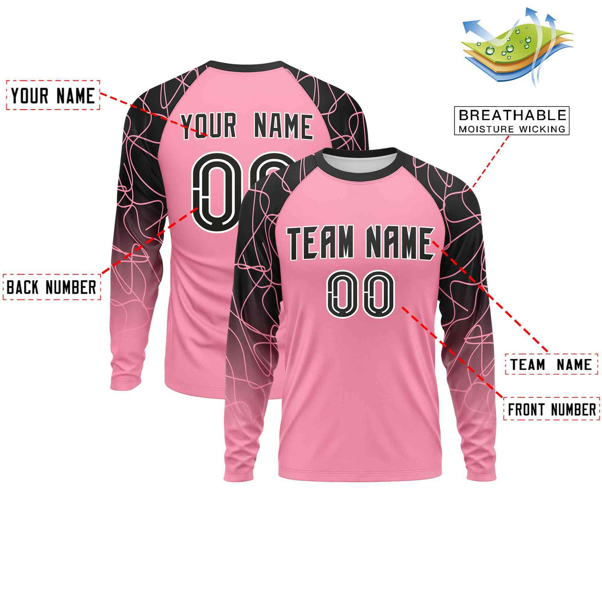 Custom Light Pink Black Tangled Lines Pattern Raglan Long Sleeve Performance T-Shirt