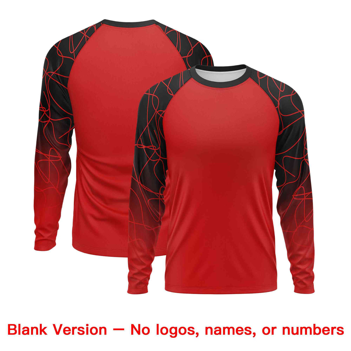 Custom Red Black Tangled Lines Pattern Raglan Long Sleeve Performance T-Shirt