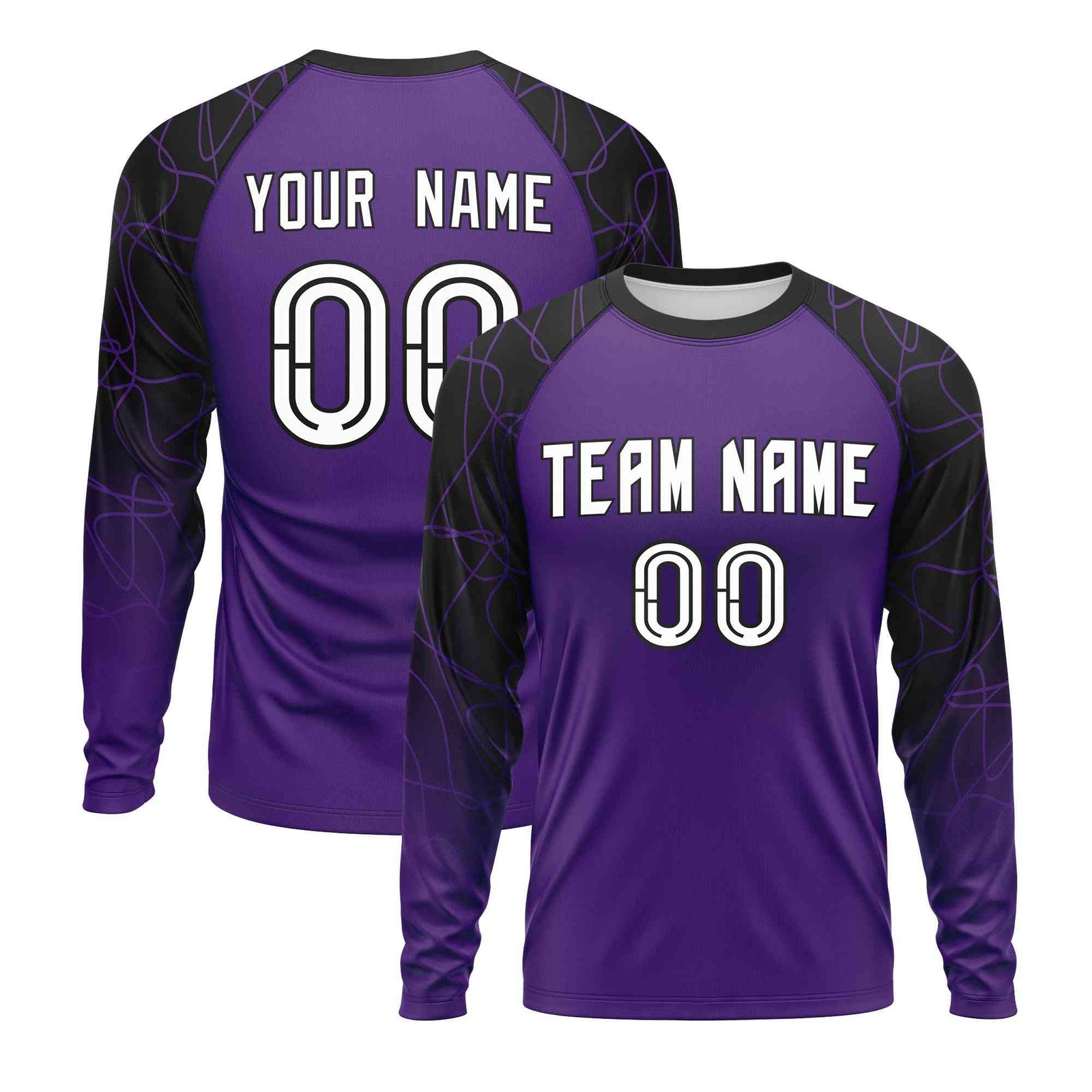 Custom Purple Black Tangled Lines Pattern Raglan Long Sleeve Performance T-Shirt