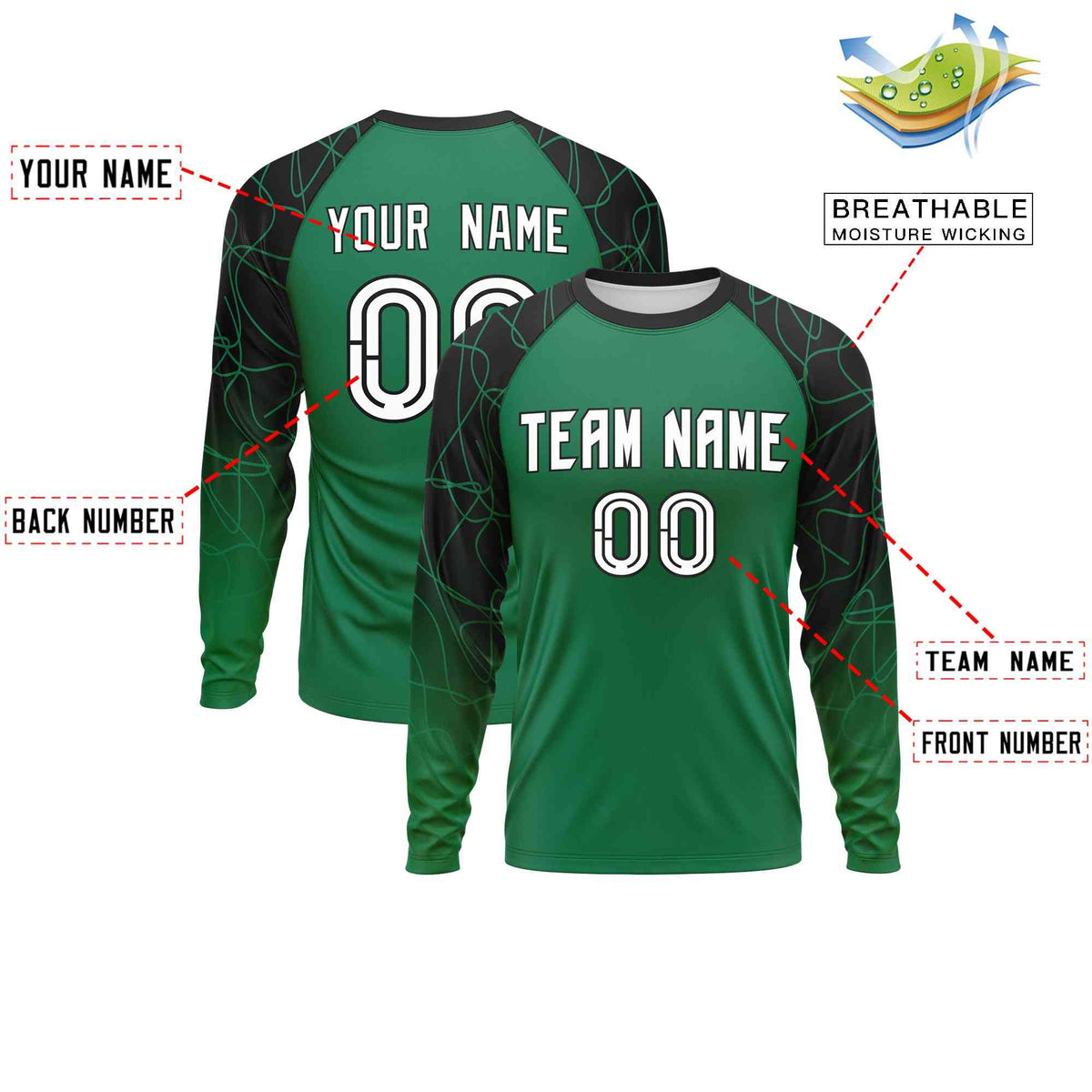 Custom Kelly Green Black Tangled Lines Pattern Raglan Long Sleeve Performance T-Shirt