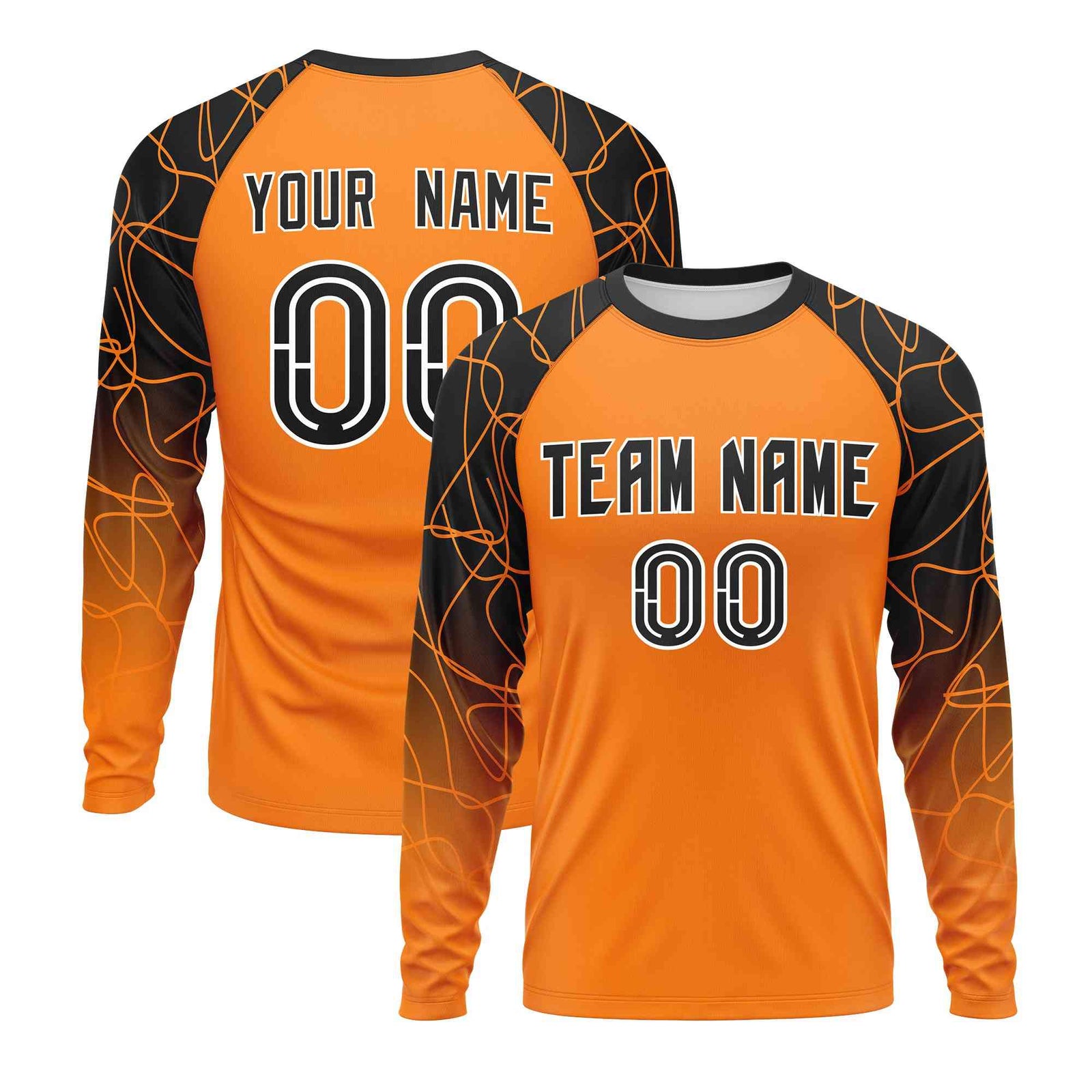 Custom Orange Black Tangled Lines Pattern Raglan Long Sleeve Performance T-Shirt