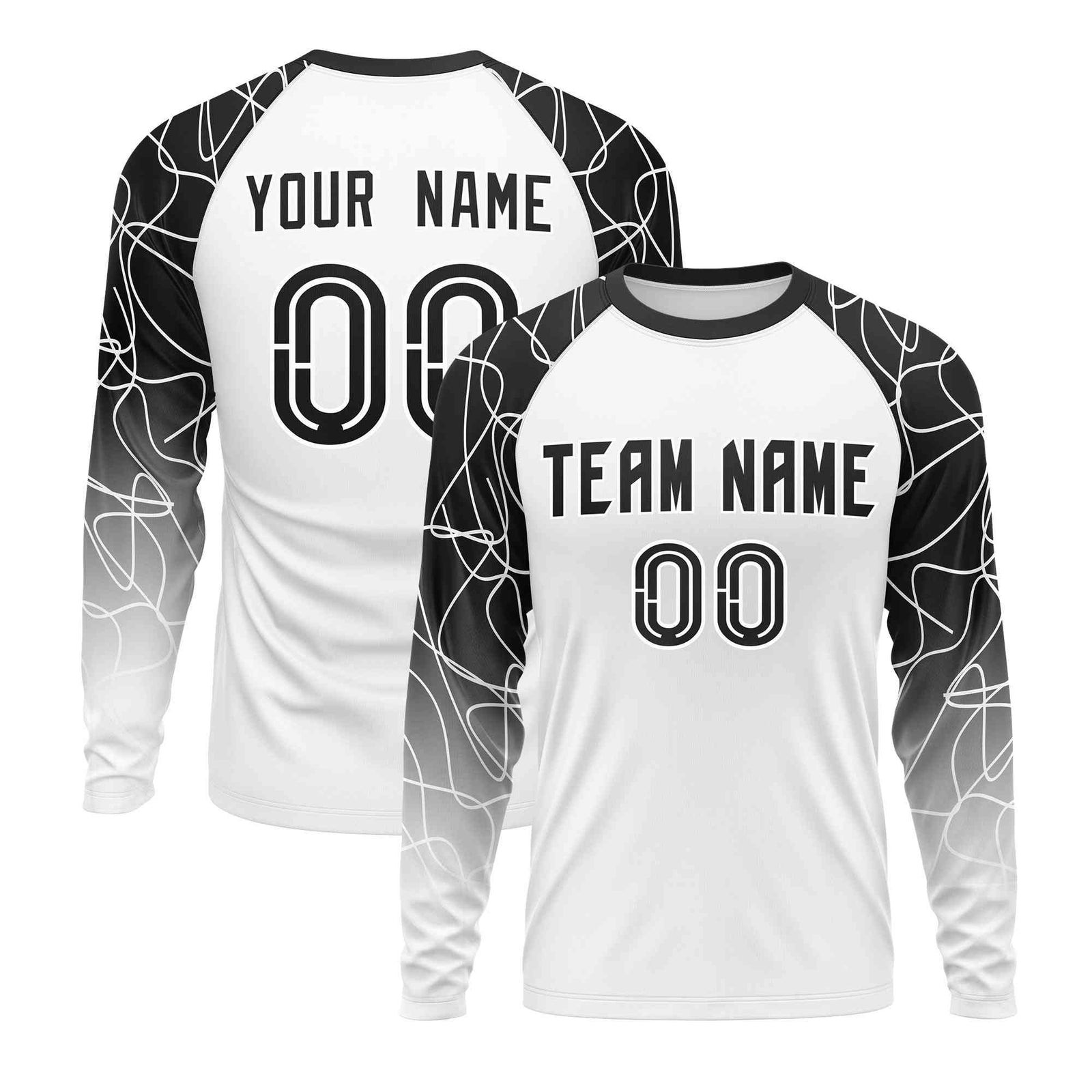 Custom White Black Tangled Lines Pattern Raglan Long Sleeve Performance T-Shirt