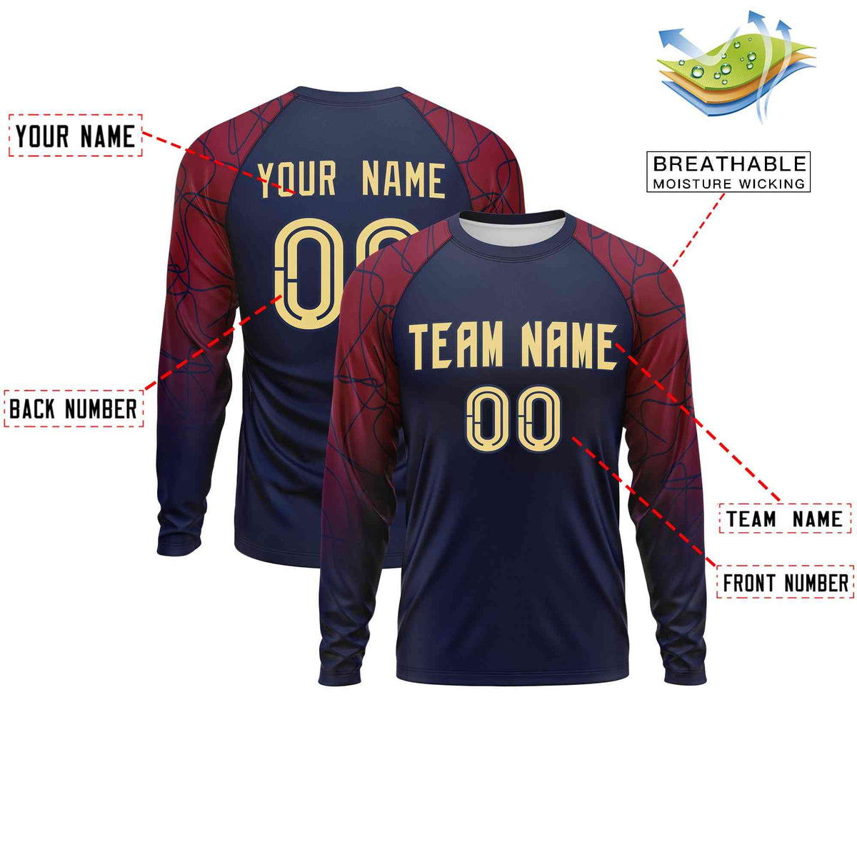 Custom Navy Crimson Tangled Lines Pattern Raglan Long Sleeve Performance T-Shirt