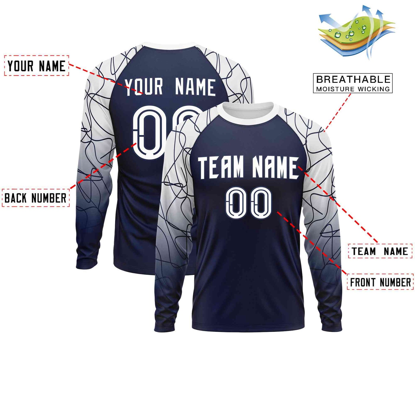 Custom Navy White Tangled Lines Pattern Raglan Long Sleeve Performance T-Shirt