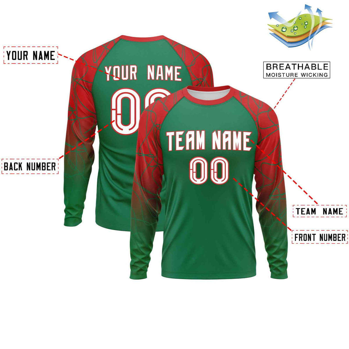 Custom Kelly Green Red Tangled Lines Pattern Raglan Long Sleeve Performance T-Shirt