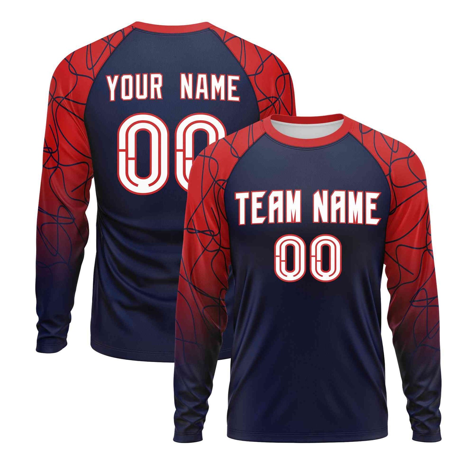 Custom Navy Red Tangled Lines Pattern Raglan Long Sleeve Performance T-Shirt