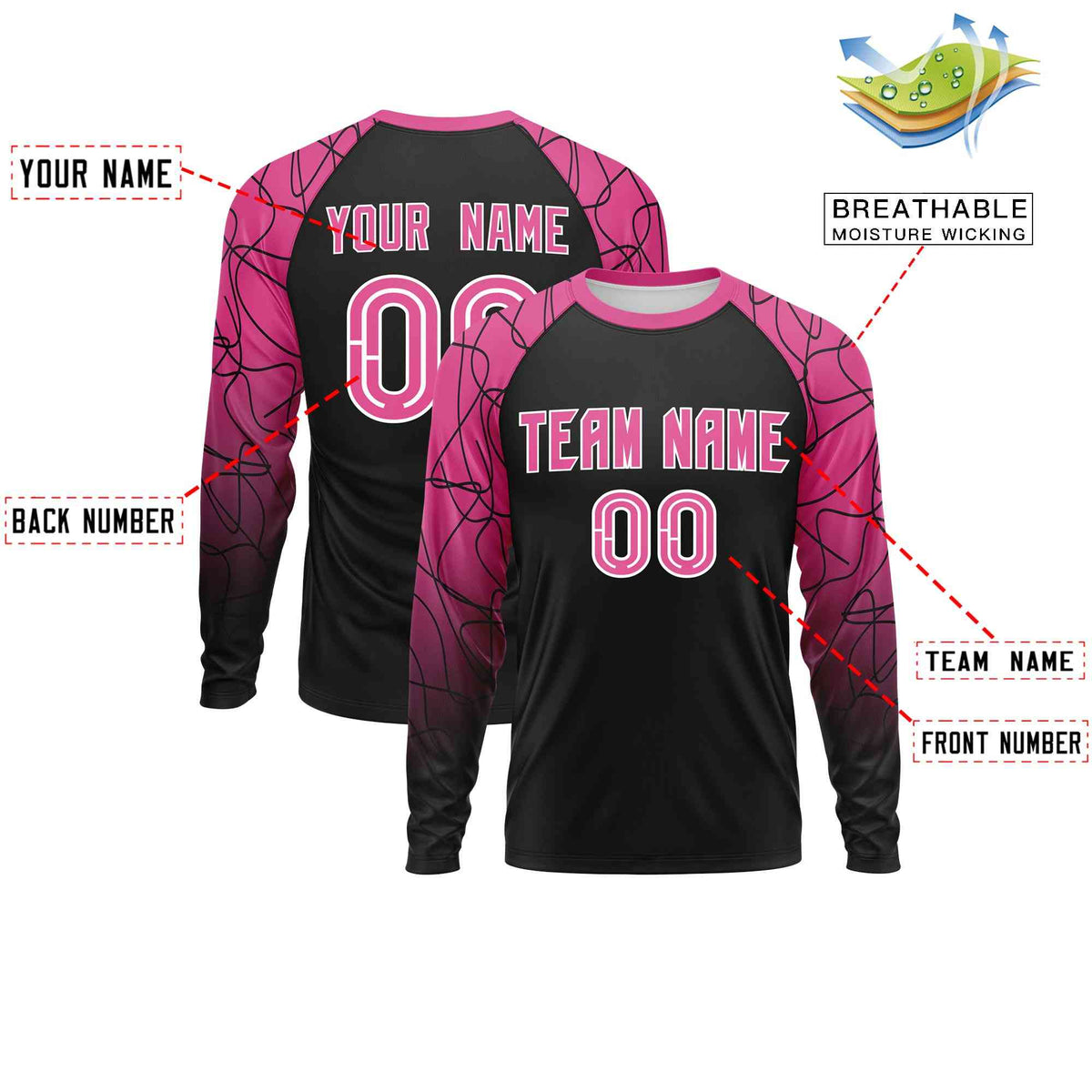 Custom Black Pink Tangled Lines Pattern Raglan Long Sleeve Performance T-Shirt