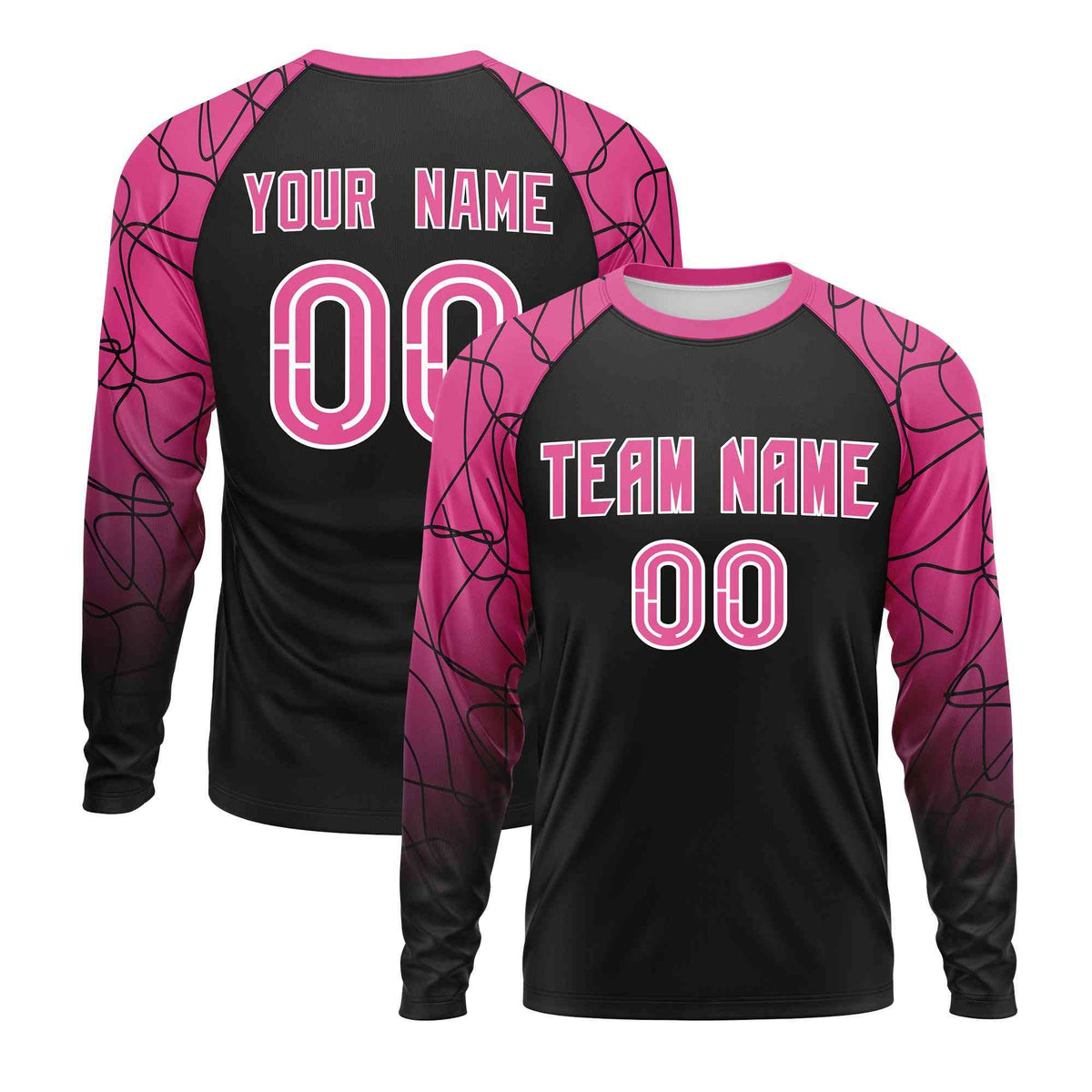 Custom Black Pink Tangled Lines Pattern Raglan Long Sleeve Performance T-Shirt