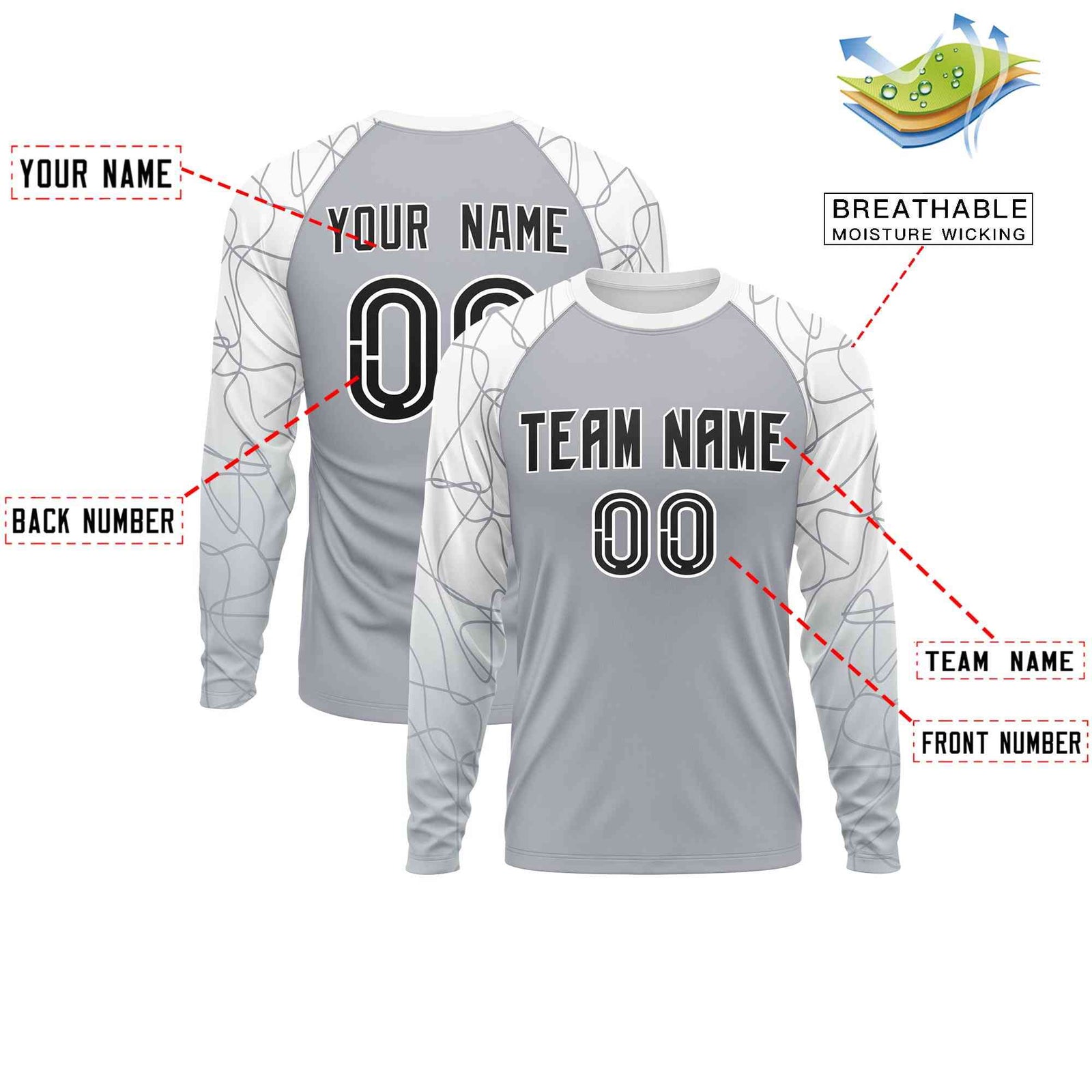 Custom Silver White Tangled Lines Pattern Raglan Long Sleeve Performance T-Shirt