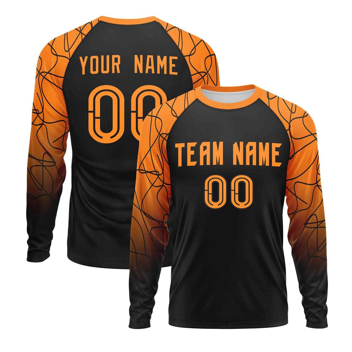 Custom Black Orange Tangled Lines Pattern Raglan Long Sleeve Performance T-Shirt