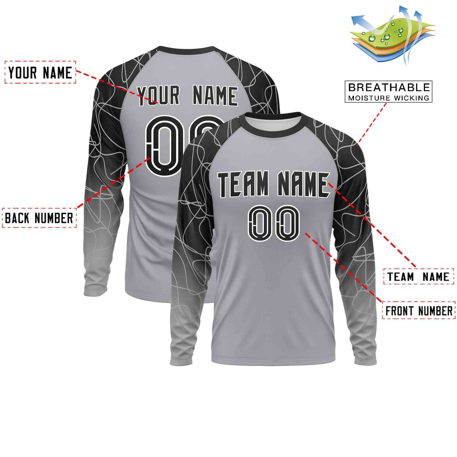 Custom Black Silver Tangled Lines Pattern Raglan Long Sleeve Performance T-Shirt