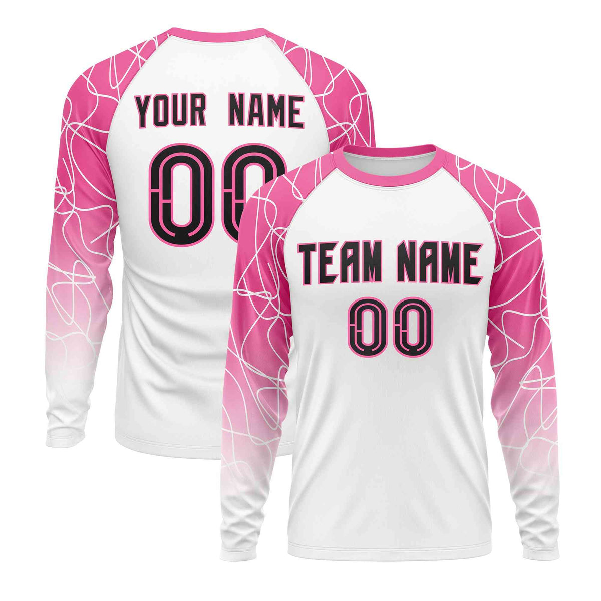 Custom White Pink Tangled Lines Pattern Raglan Long Sleeve Performance T-Shirt