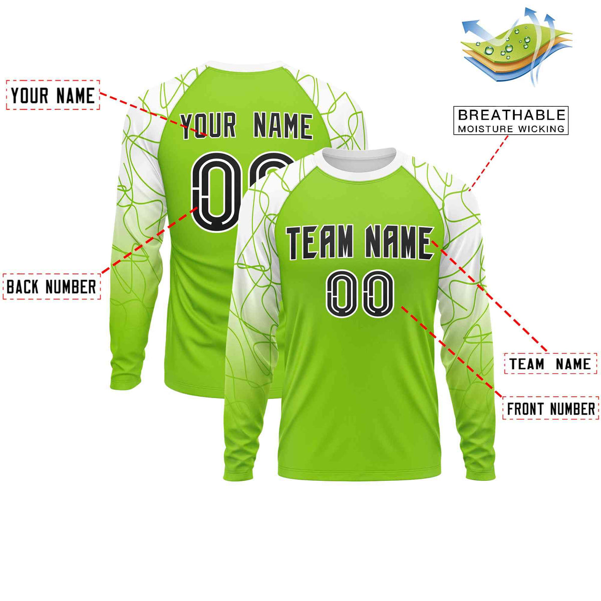 Custom Neon Green White Tangled Lines Pattern Raglan Long Sleeve Performance T-Shirt