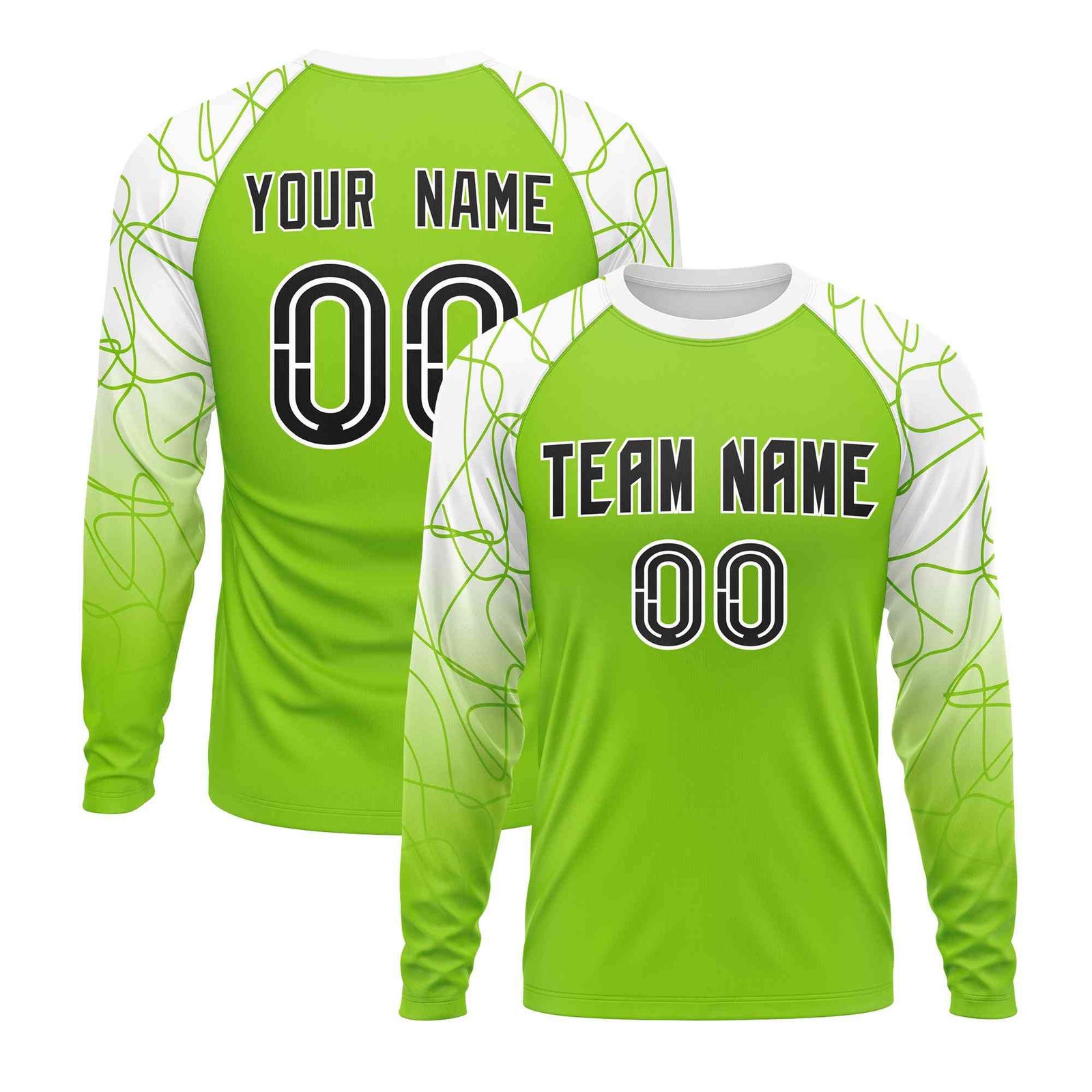 Custom Neon Green White Tangled Lines Pattern Raglan Long Sleeve Performance T-Shirt