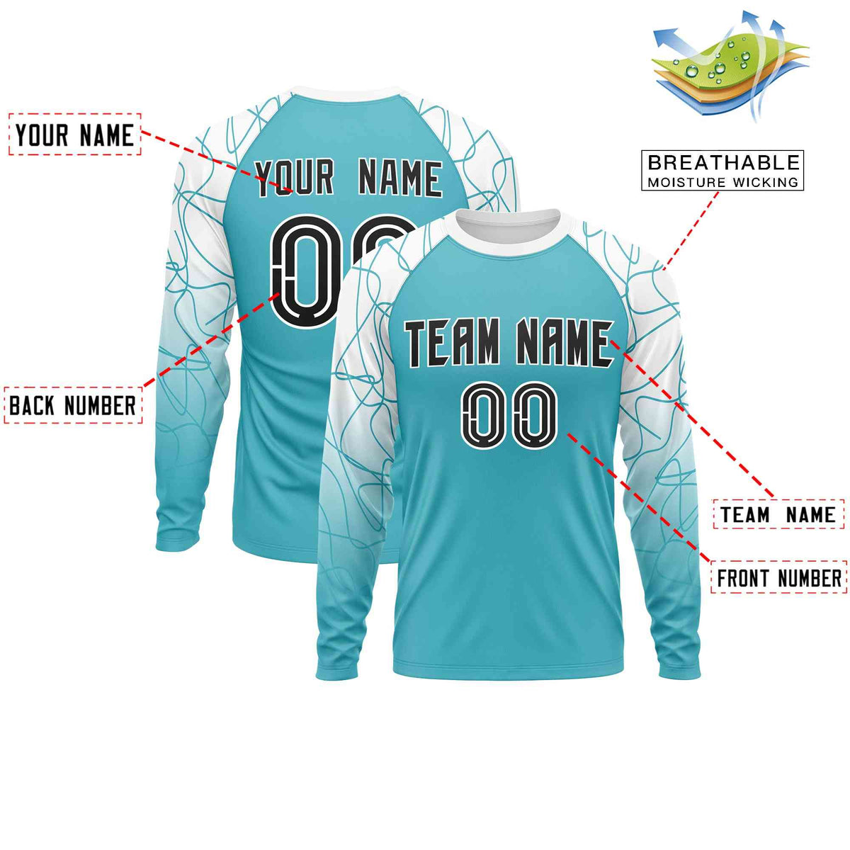 Custom Sky Blue White Tangled Lines Pattern Raglan Long Sleeve Performance T-Shirt