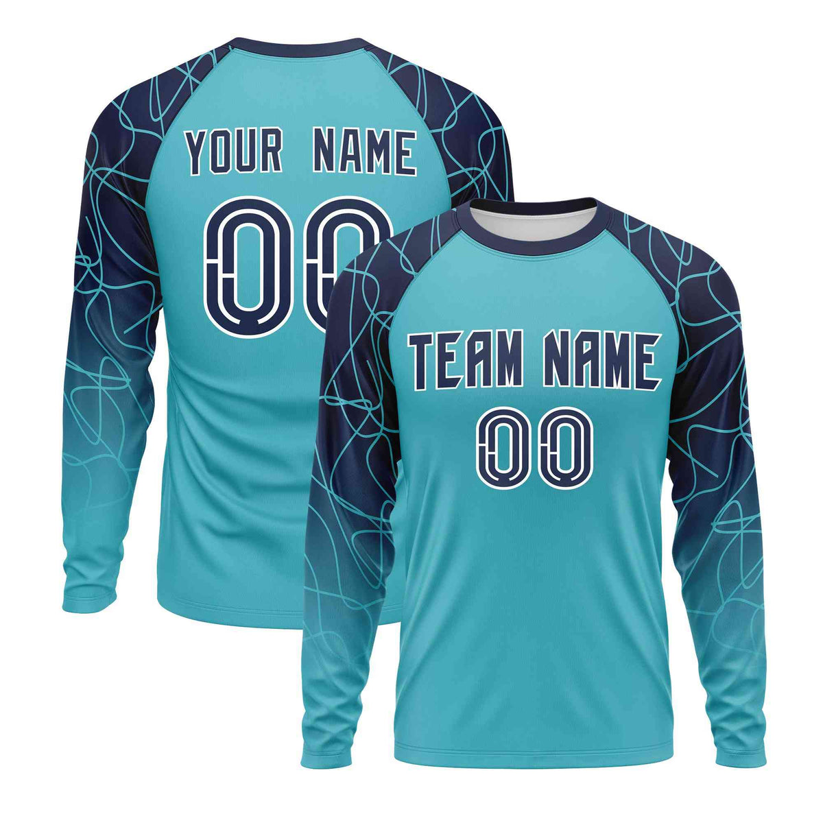 Custom Sky Blue Navy Tangled Lines Pattern Raglan Long Sleeve Performance T-Shirt
