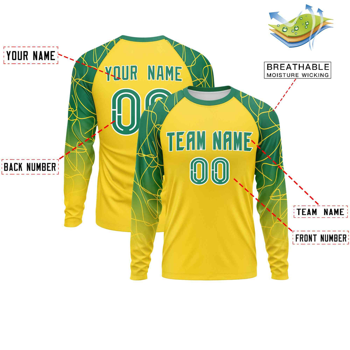 Custom Gold Kelly Green Tangled Lines Pattern Raglan Long Sleeve Performance T-Shirt