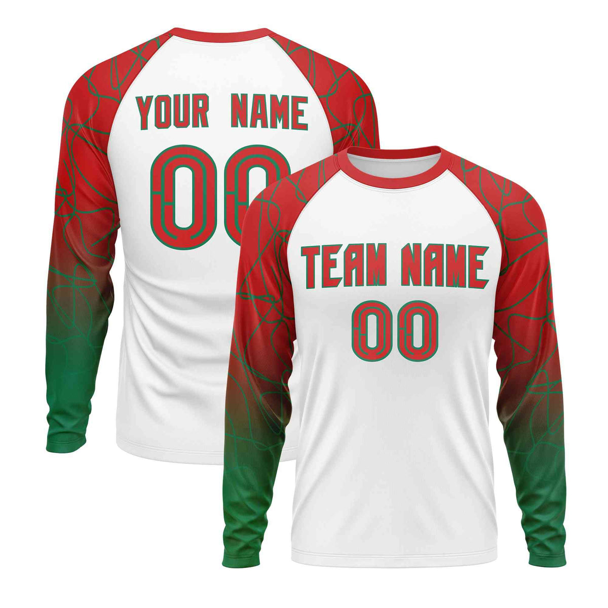 Custom White Red Tangled Lines Pattern Raglan Long Sleeve Performance T-Shirt